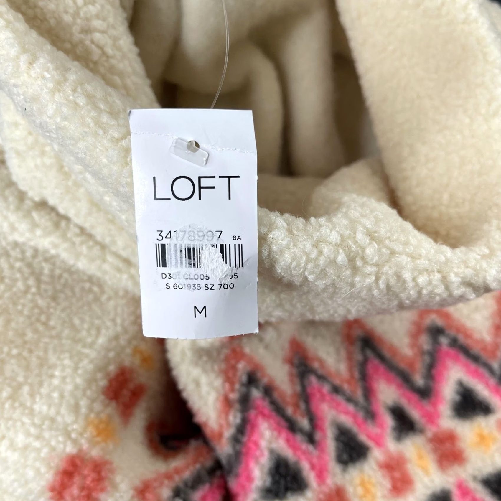 Loft VINTAGE LOFT Sweater Womens Medium White Sherpa Fleece Fair Isle Mock Neck Pullover Size M / US 6-8 / IT 42-44 - 2 Thumbnail