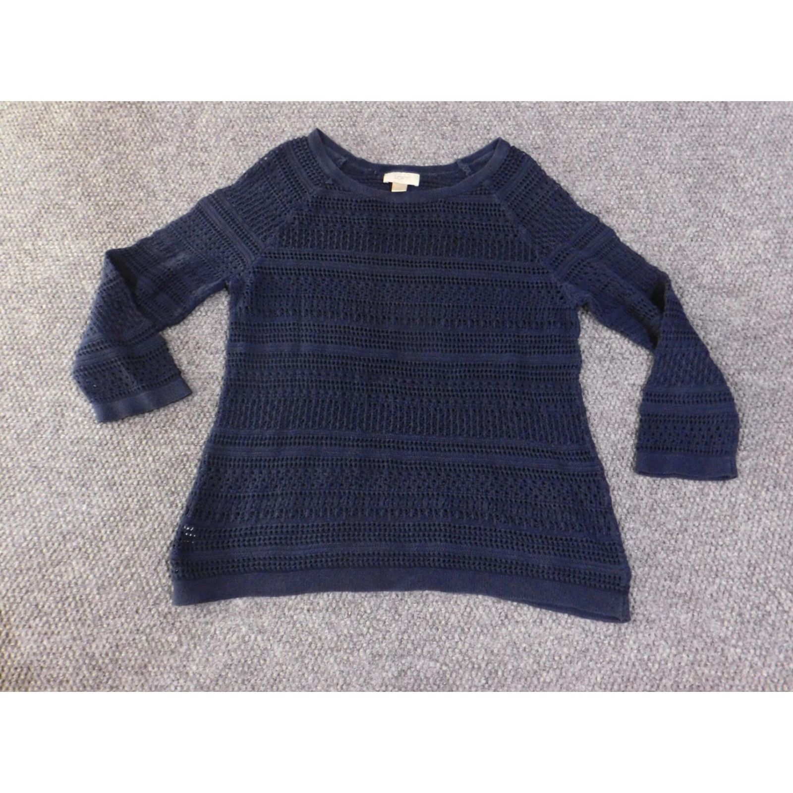 Loft LOFT Sweater Women Large Navy Blue Open Knit 3/4 Sleeve Pullover Crewneck 100% Cotton Crochet Accents Womens Size L / US 10 / IT 46 - 2 Thumbnail