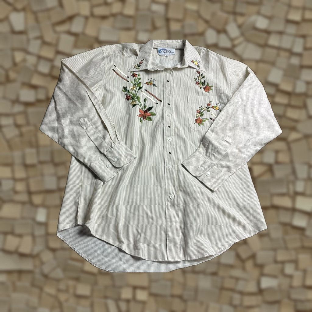 Vintage Las Olas Shirt Womens Small Cream Brown Striped Floral Embroidered Humming Bird Size S / US 4 / IT 40 - 1 Thumbnail