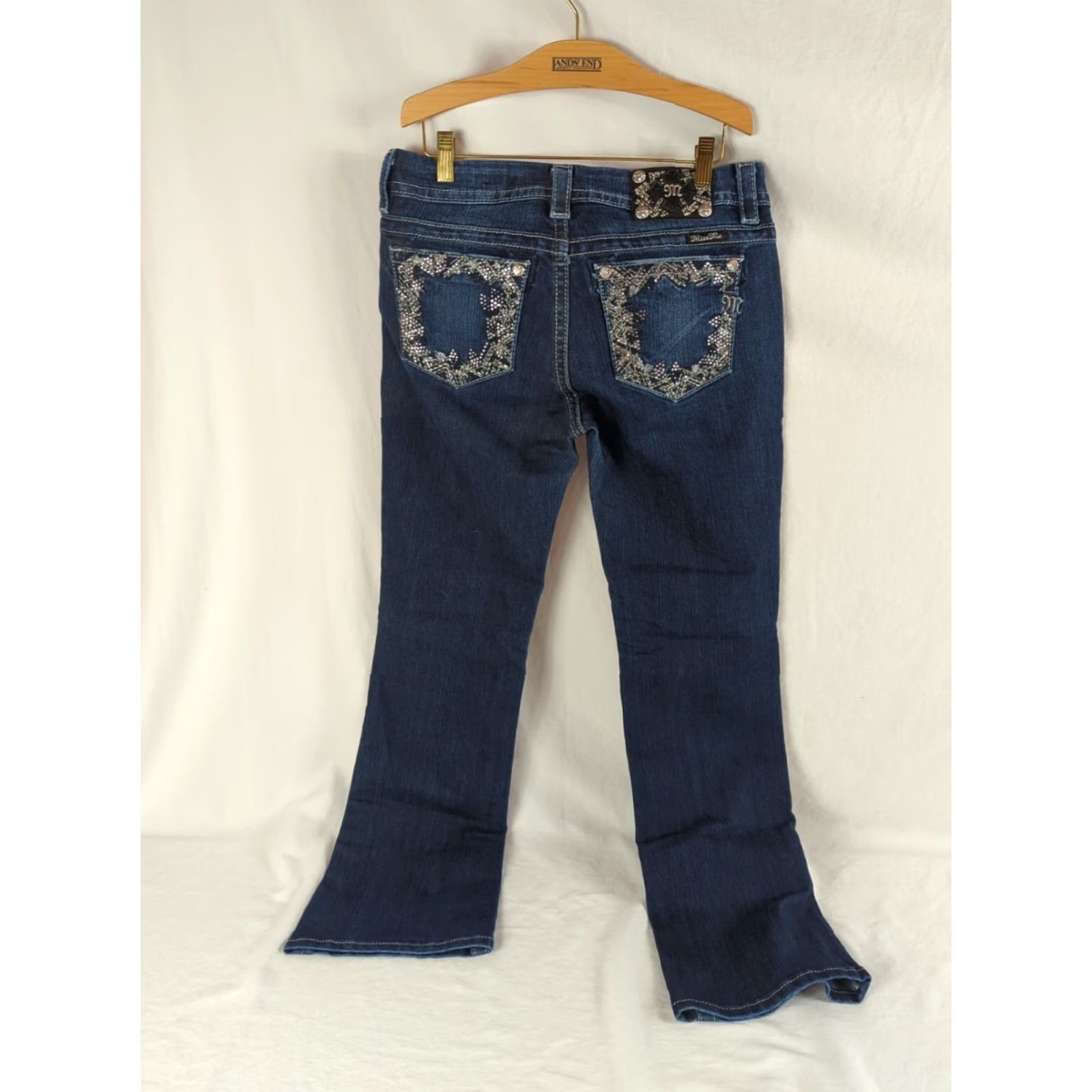 Miss Me Miss Me Jeans Womens Bootcut Mid Rise Dark Wash Rhinestone 5-Pocket Denim 29 Blue Womens Jeans Size 29" - 4 Thumbnail