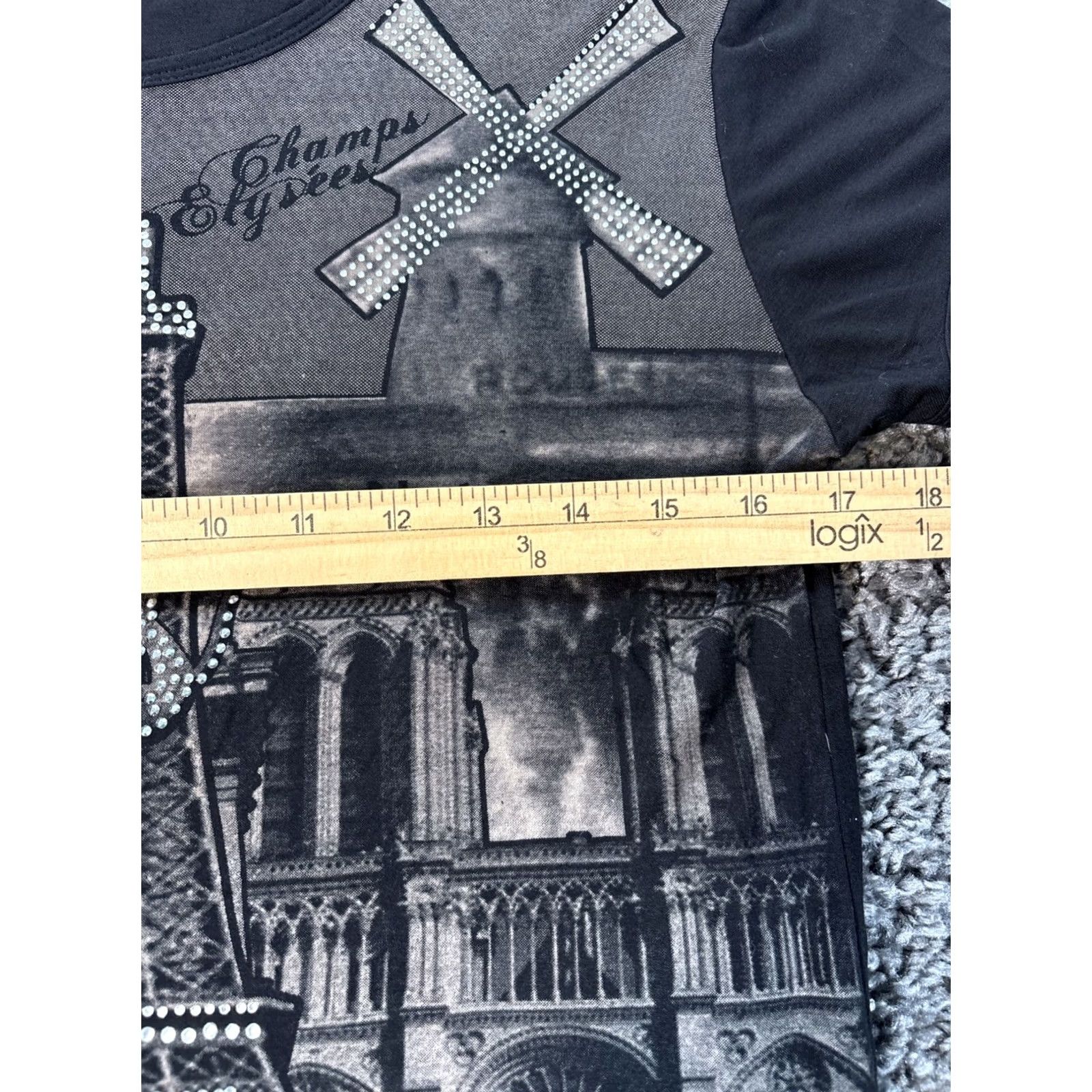 Gloverall VINTAGE Attitude Paris T Shirt Womens XL Black Cotton Rhinestone Y2K All Over Graphic Fitted Short Sleeve Size XL / US 12-14 / IT 48-50 - 3 Thumbnail