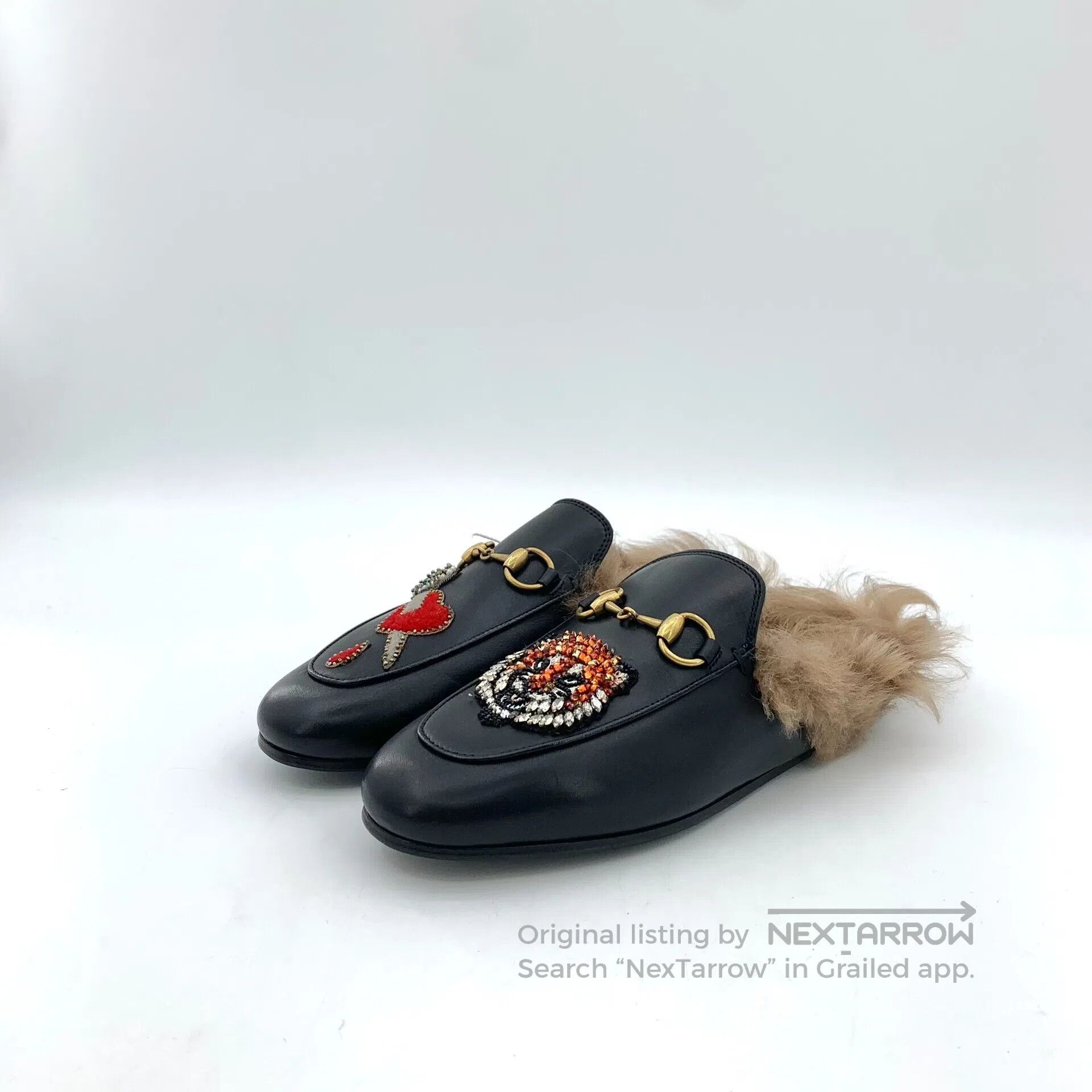 Gucci Guicci Black Tiger Head Love Heart Diamond Studded Leather Size US 4.5 / IT 34.5 - 1 Thumbnail