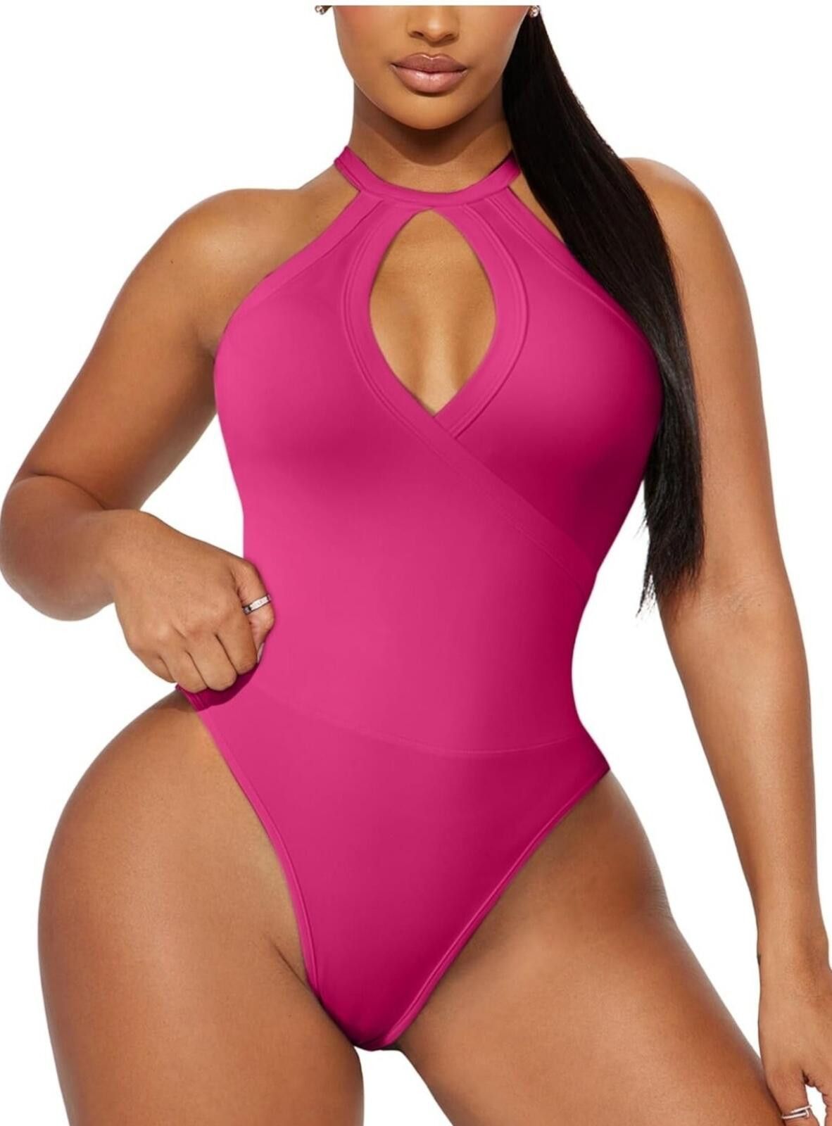 FRONTEER Ekaliy Women's Hot Pink Sleeveless Cutout Bodysuit Small Size 28" / US 6 / IT 42 - 2 Thumbnail