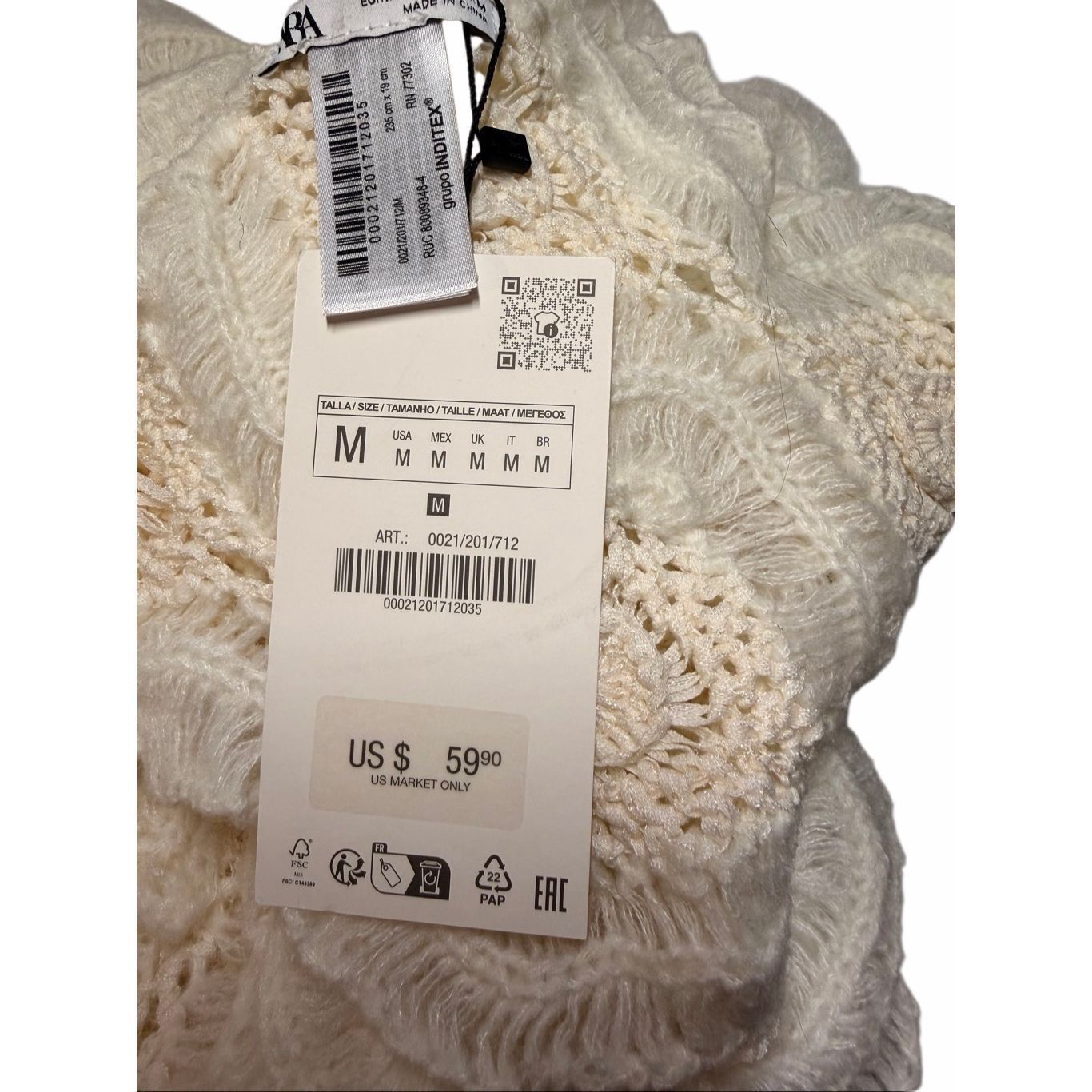 Zara NWT Zara Limited Edition Crochet Knit Scarf Ecru – 96” Long Size ONE SIZE - 5 Thumbnail