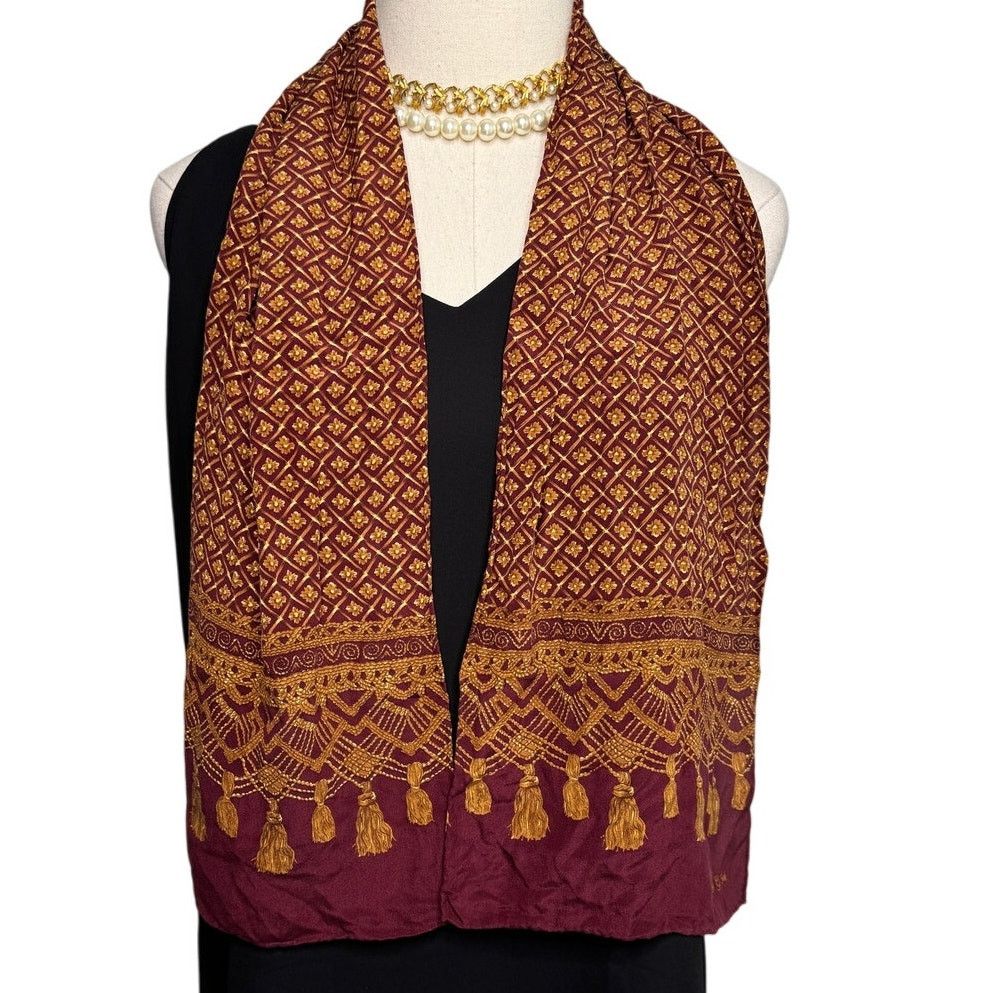 Vintage Vintage J.G. Hook silk floral tassel scarf maroon gold 48x10 Size ONE SIZE - 1 Thumbnail