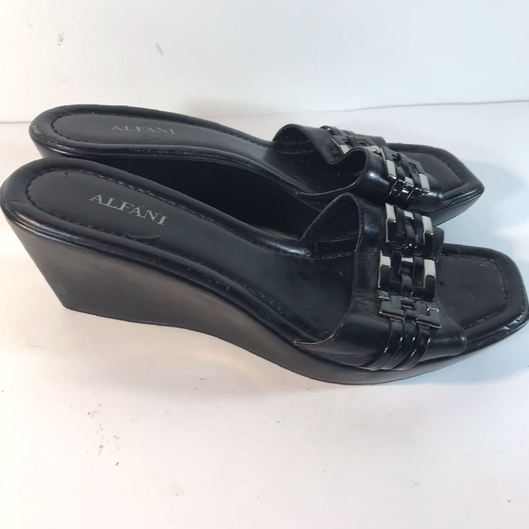 Alfani VINTAGE Alfani Colada Leather Wedge Slides Womens Size 7.5M Black Summer Casual Size US 7.5 / IT 37.5 - 3 Thumbnail