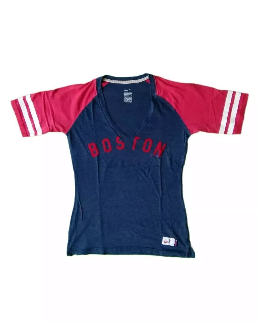MLB × Nike Nike Boston Spellout Striped Blue and Red V-Neck Woman Tees Size S / US 4 / IT 40 - 1 Thumbnail