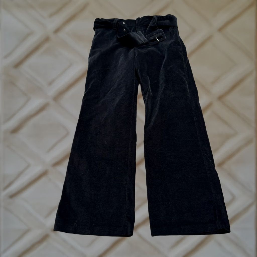 Zara Zara Velvet Belted Wide Leg Trouser Crop Pants Women Large Black High Rise 30x26 Size 36" / US 14 / IT 50 - 1 Thumbnail