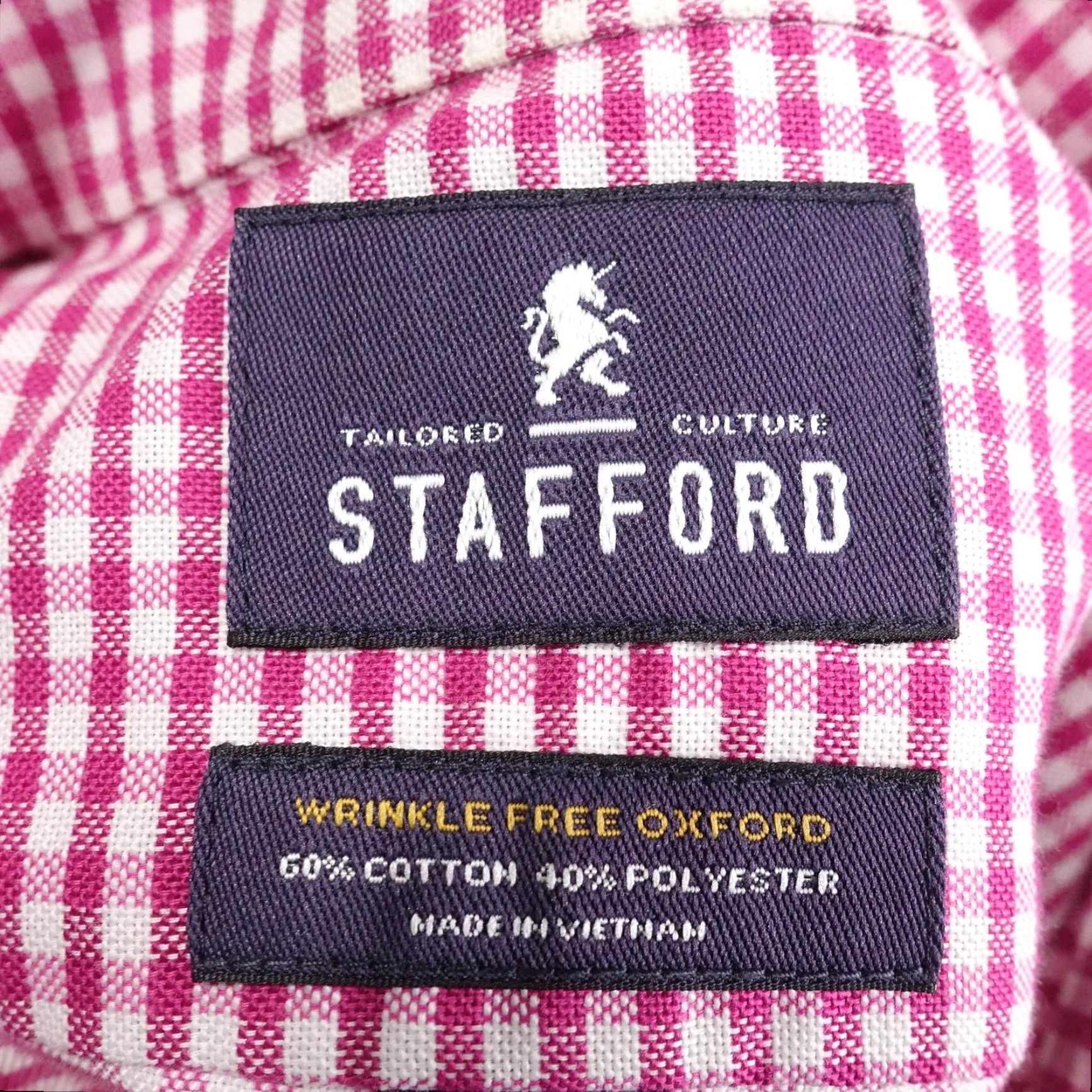 Stafford Stafford Dress Shirt Mens 16.5 32/33 Pink Gingham Slim Fit Wrinkle Free Oxford Button-Down Collar Size 46R - 6 Thumbnail
