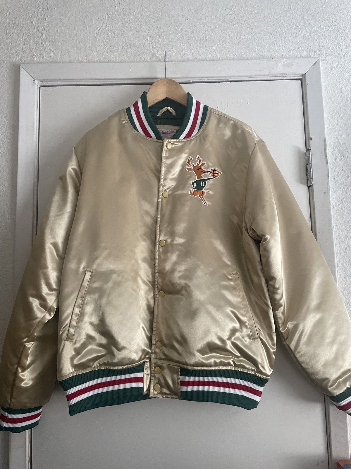 image of Mitchell Ness Nba Champion Mitchell & Ness Milwaukee Bucks Satin Jacket in Gold, Men's (Size Large)