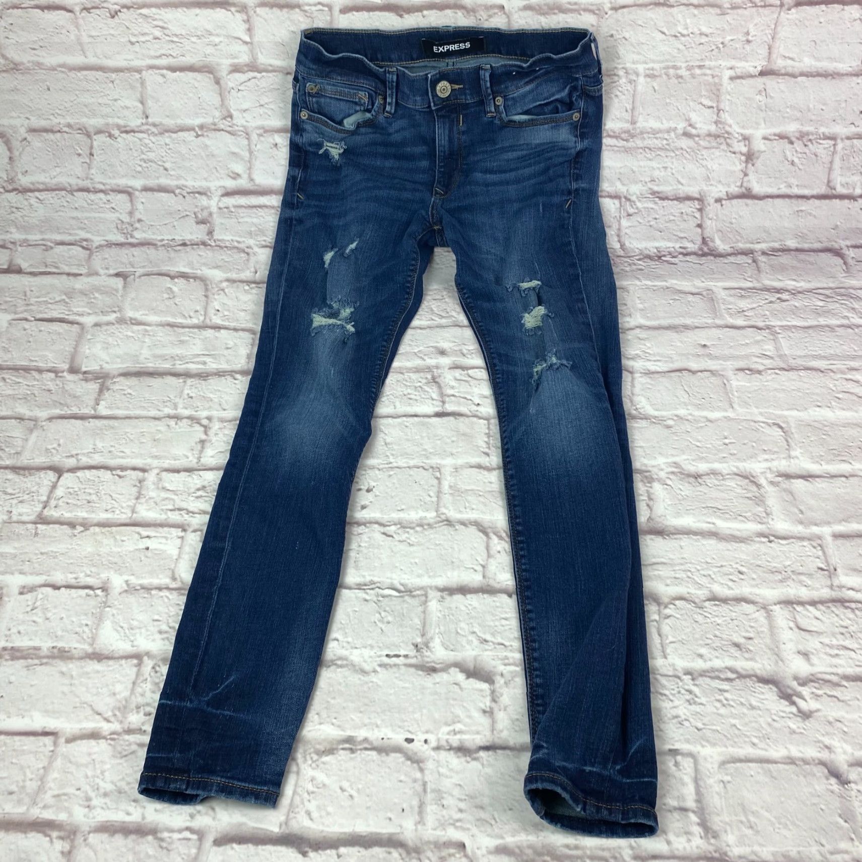 Express Express Jeans Junior Teens Size 4 Stretch Mid Rise Distressed Dark Wash - 90s City College Theme, Express Jeans, Denim, Blue, Jeans, Regular, Junior Size 27" / US 4 / IT 40 - 2 Thumbnail