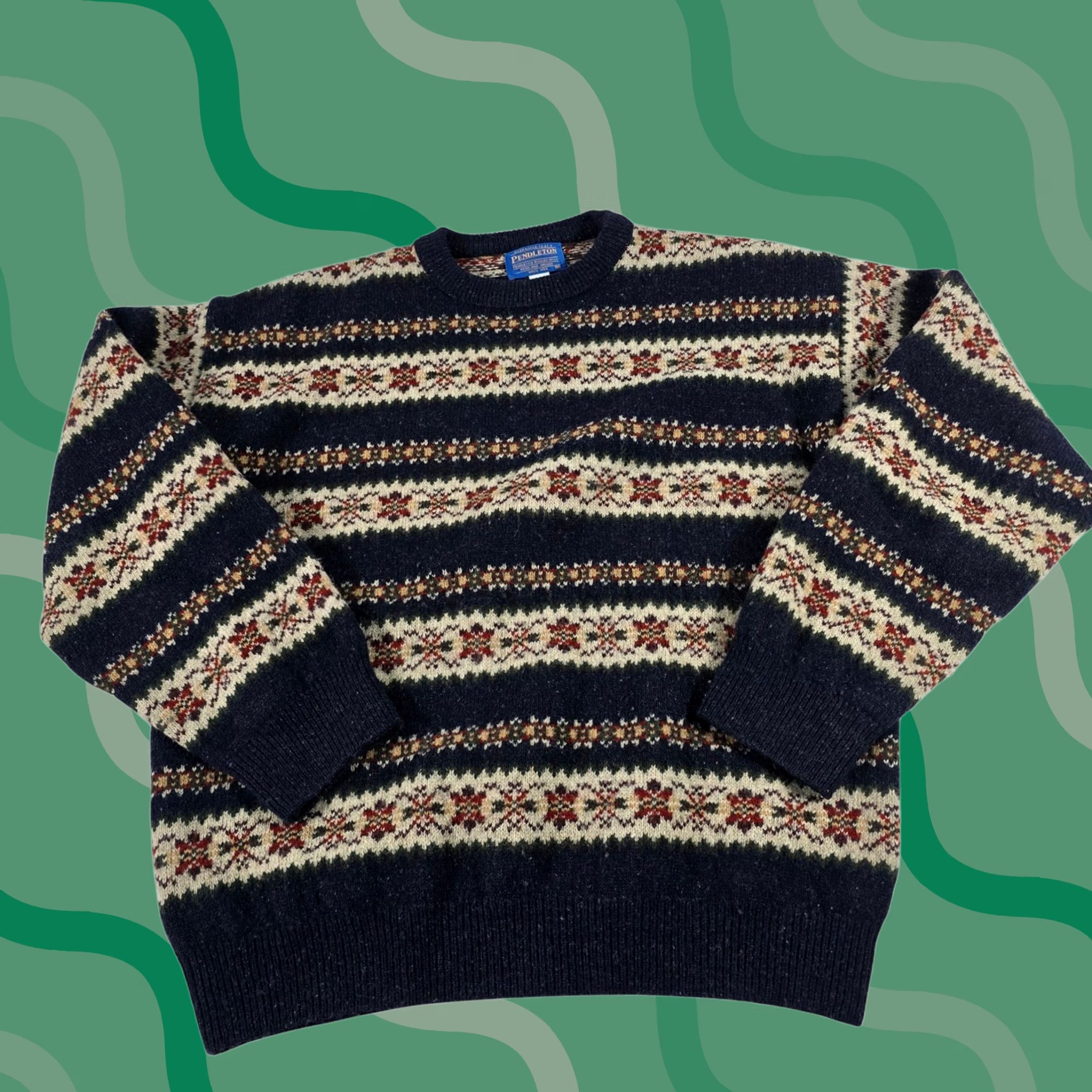 Pendleton VINTAGE Pendleton Mens Sweater M Fair Isle Wool Blend Crewneck Made in USA Navy Blue Red Size US M / EU 48-50 / 2 - 1 Thumbnail