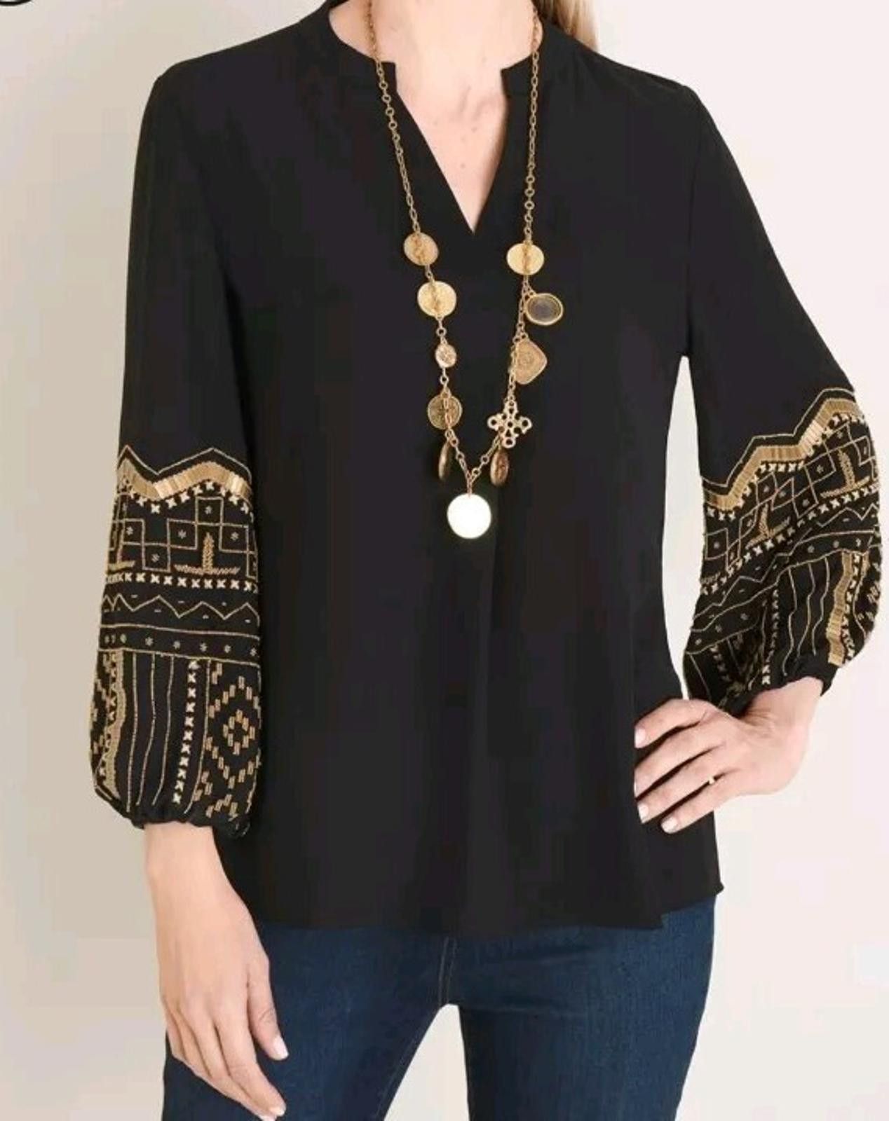 Chicos Chico's sz 2 V-Neck Black Blouse Top Gold Beaded Embellished Size L / US 10 / IT 46 - 4 Thumbnail