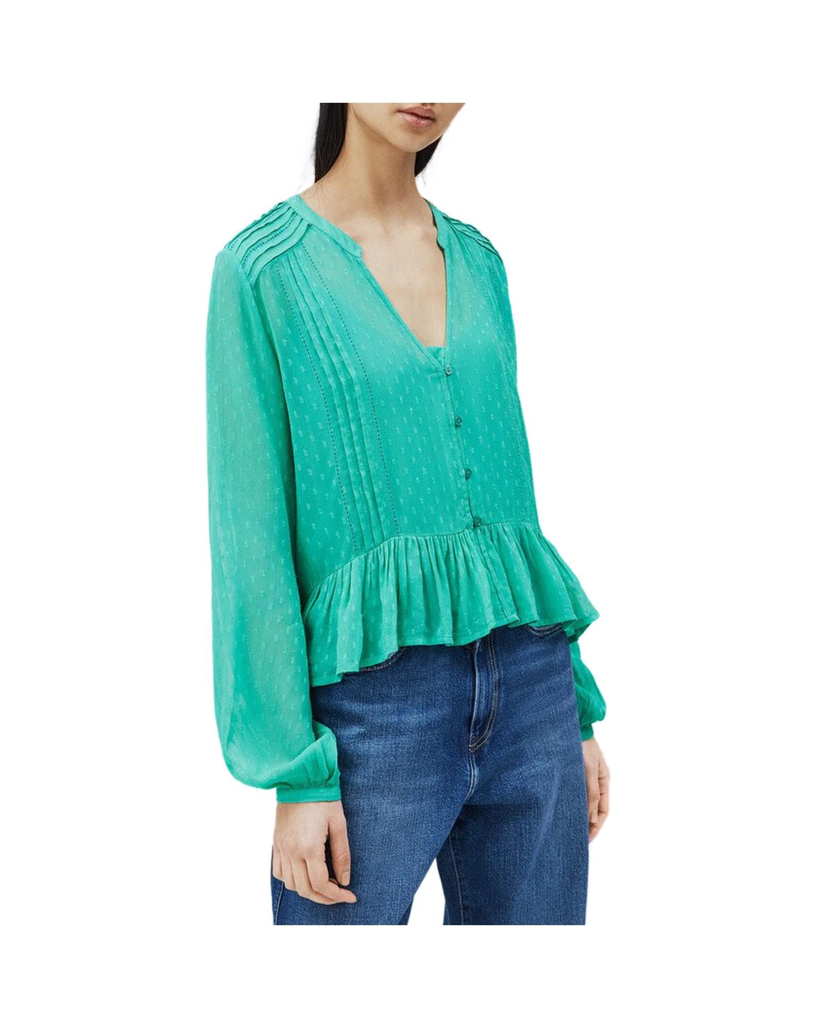 image of Pepe Jeans Solid Viscose V-Neck Buttoned Shirt in Green, Women's (Size XS)