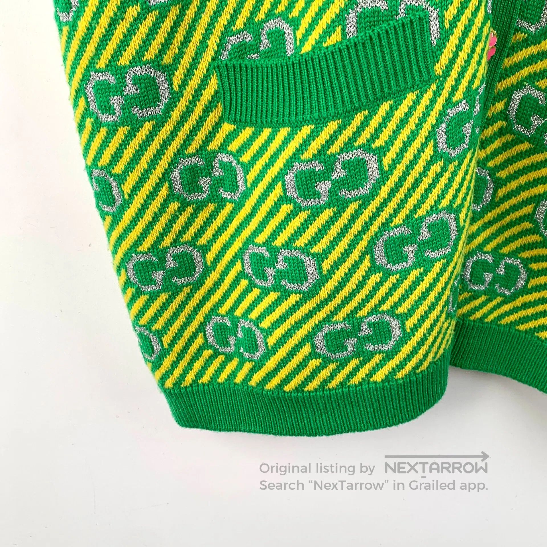Gucci Guicci Green Striped Logo Jacquard Full Print Wool V-neck Size US XS / EU 42 / 0 - 4 Thumbnail
