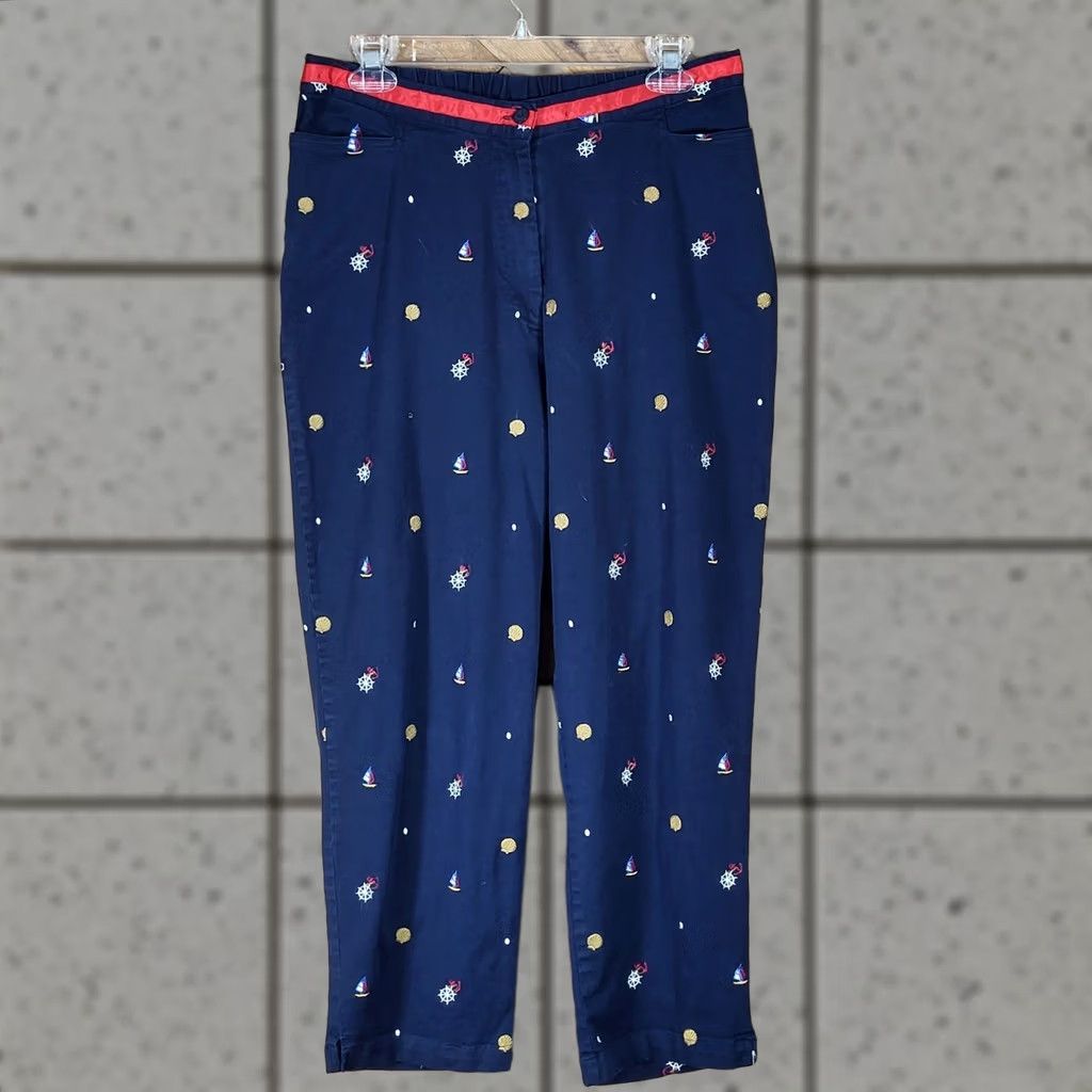 Nautica Erin London Pants Womens L Nautical Embroidered Size Navy Sailboat Shells Size 36" / US 14 / IT 50 - 1 Thumbnail