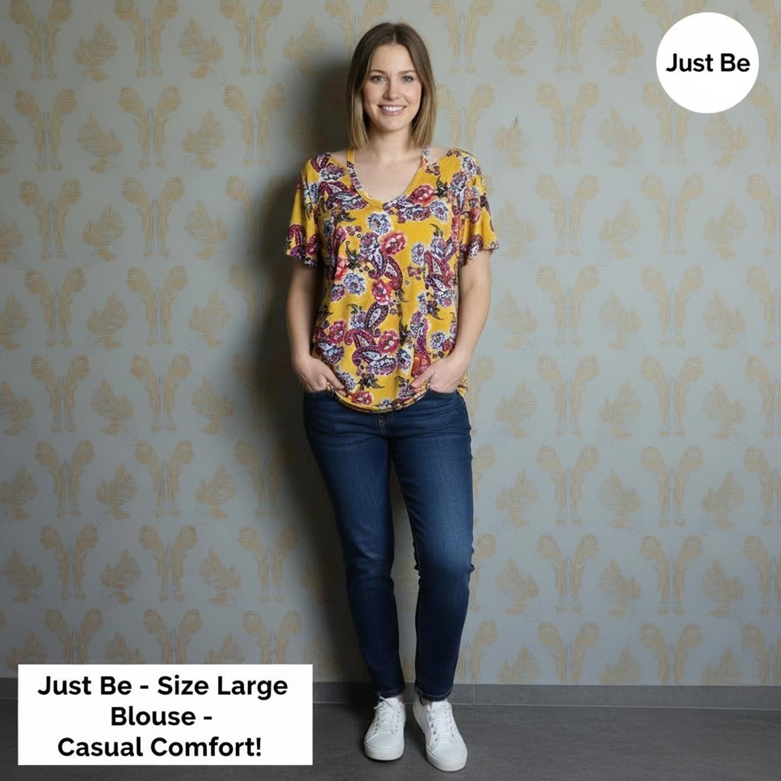 Other Just Be Size Large Yellow Floral Print Blouse Size L / US 10 / IT 46 - 2 Thumbnail