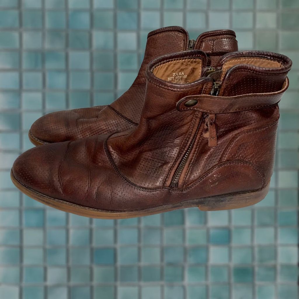 Zara Zara Man Brown Leather Double Zip Ankle Boots 