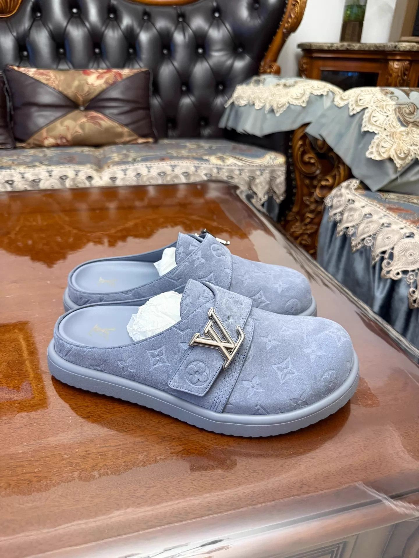 Louis Vuitton LV Easy Blue Suede Monogram Closed Toe Mule 41 Unisex Size US 8 / EU 41 - 1 Thumbnail