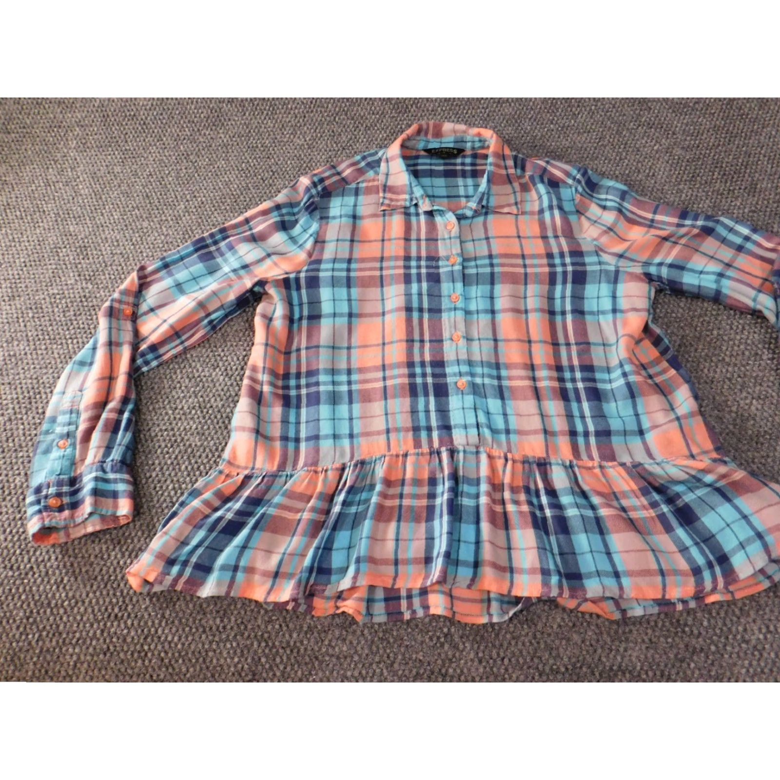 Express Express Button-Up Shirt Women M Blue Plaid Flannel Rayon Peplum Casual Shirt Size M / US 6-8 / IT 42-44 - 3 Thumbnail