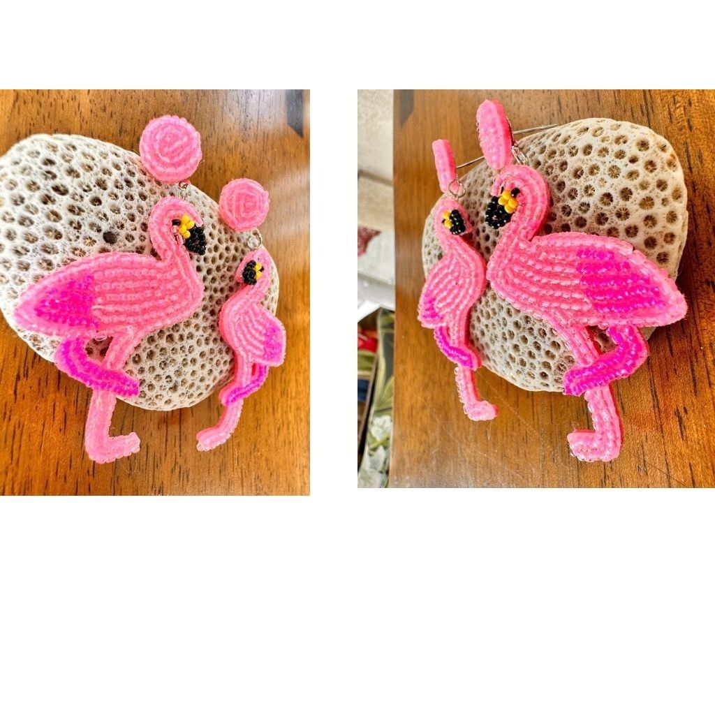 Handmade Flamingo Earrings Beaded Dangle Posts Pink Statement Jewelry Size ONE SIZE - 3 Thumbnail