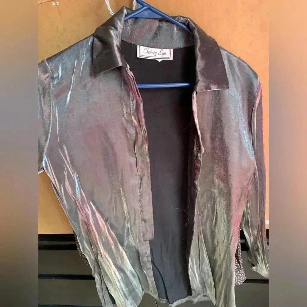 Designer Christy Lyn Metallic Silver Button-Up Shirt Size M / US 6-8 / IT 42-44 - 2 Thumbnail
