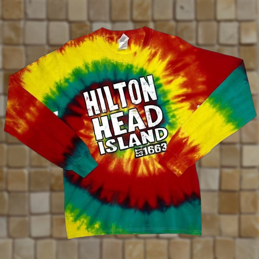 Gildan Hilton Head Island Souvenir Multi Rainbow Tie Dye Long Sleeve T-Shirt S Mens Shirt Cotton Colour Multi Graphic Print Front Size US S / EU 44-46 / 1 - 1 Thumbnail