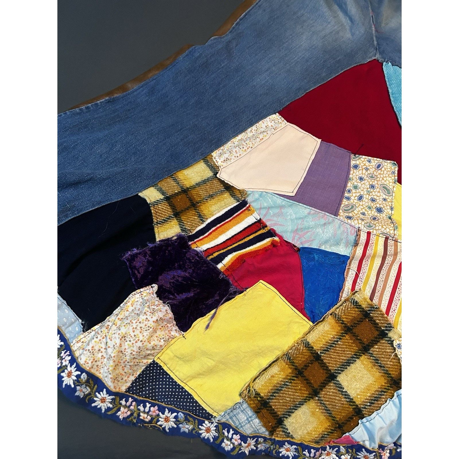 Other Vintage Homemade Denim Leather Velvet Quilted Sewn Skirt Size 26" / US 2 / IT 38 - 6 Thumbnail