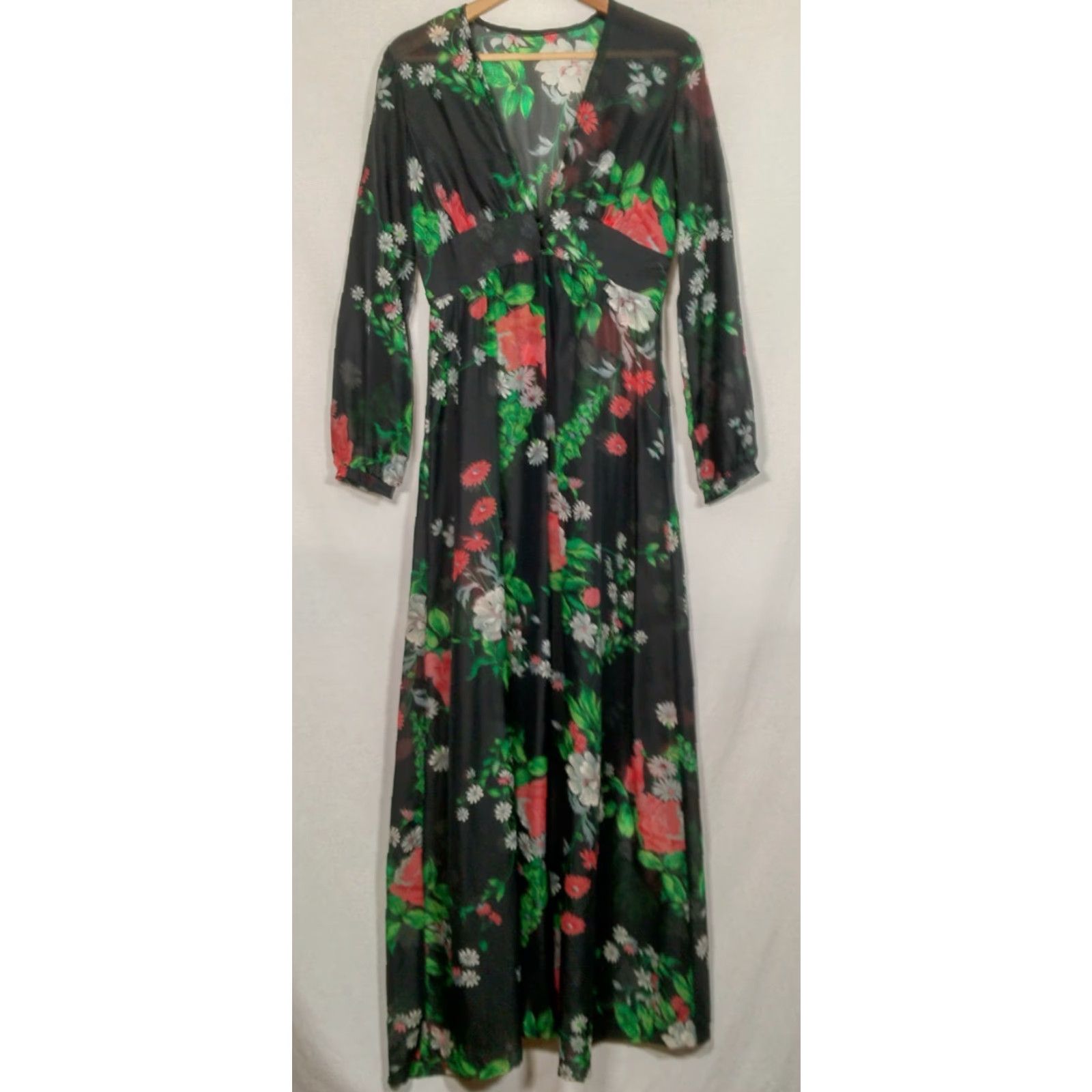 Vintage VINTAGE 1970s Sheer Dress Robe Cover Up Maxi Black Daisy Floral Bohemian Women Size 5/6 Size S / US 4 / IT 40 - 2 Thumbnail