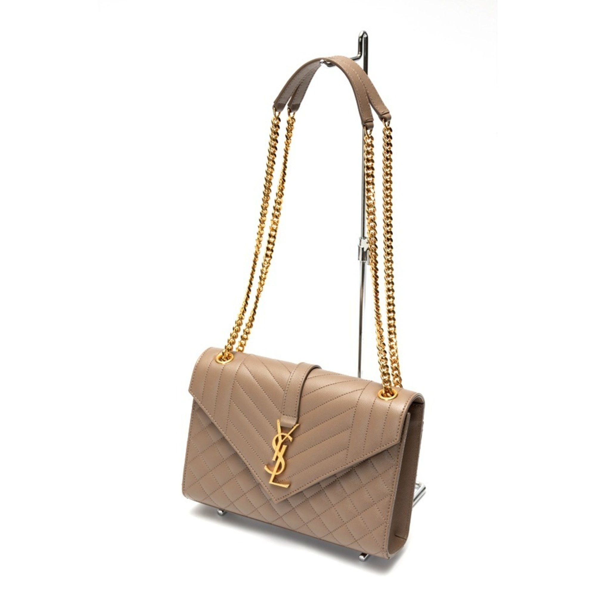Saint Laurent Envelope Medium Chain Shoulder Bag 600185 Grain de Poudre Quilted Leather Greige S-158096