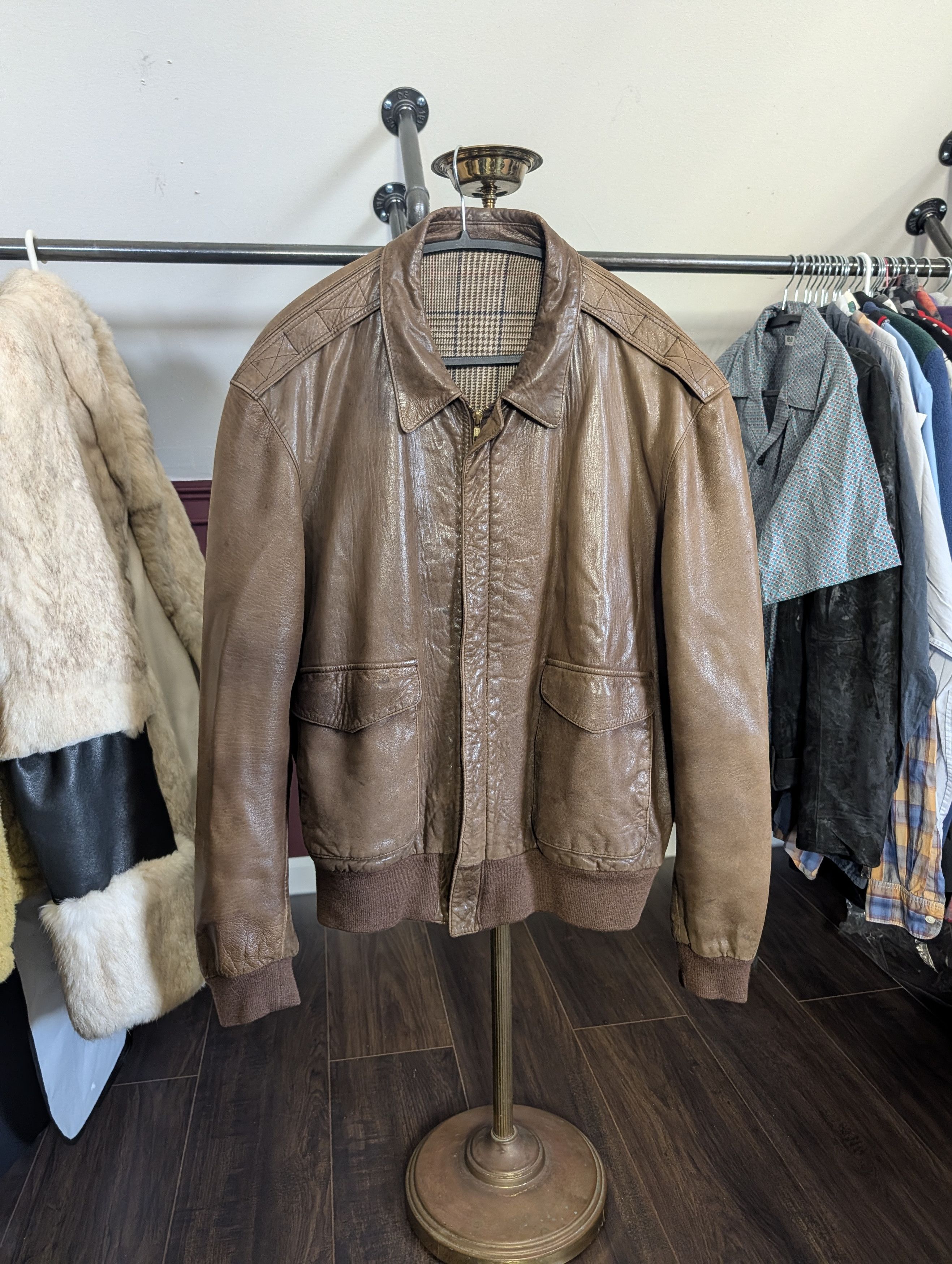 Vintage Rosenthal & Truitt leather A-2 tweed lined bomber jacket Size US XL / EU 56 / 4 - 1 Thumbnail