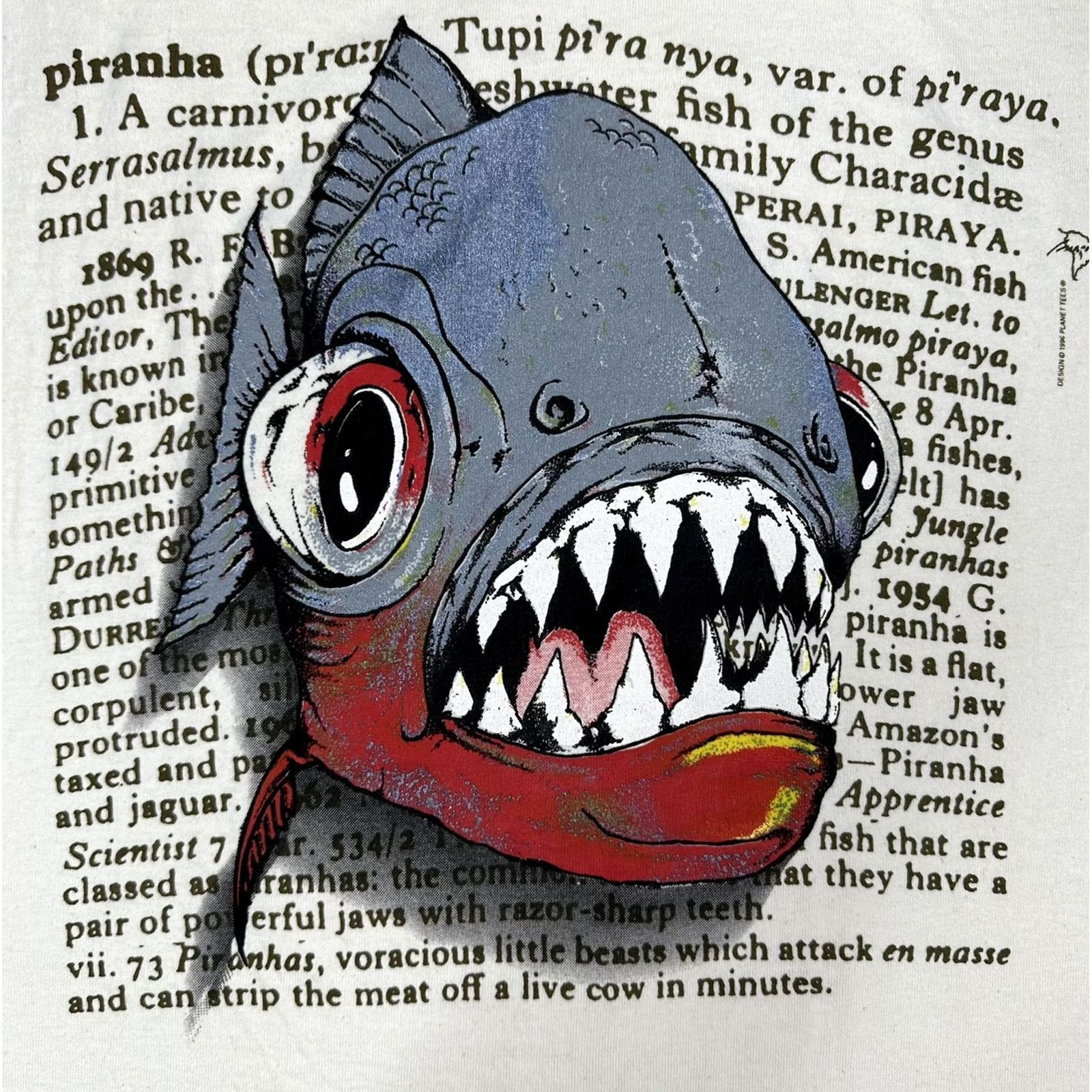 Fruit Of The Loom VINTAGE Fruit of the Loom T-Shirt 90s Piranha Graphic Short Sleeve Ivory M Men/Women Unisex Adults Slim Classic Cotton USA FotL 1996 Planet Tees Size US M / EU 48-50 / 2 - 4 Thumbnail