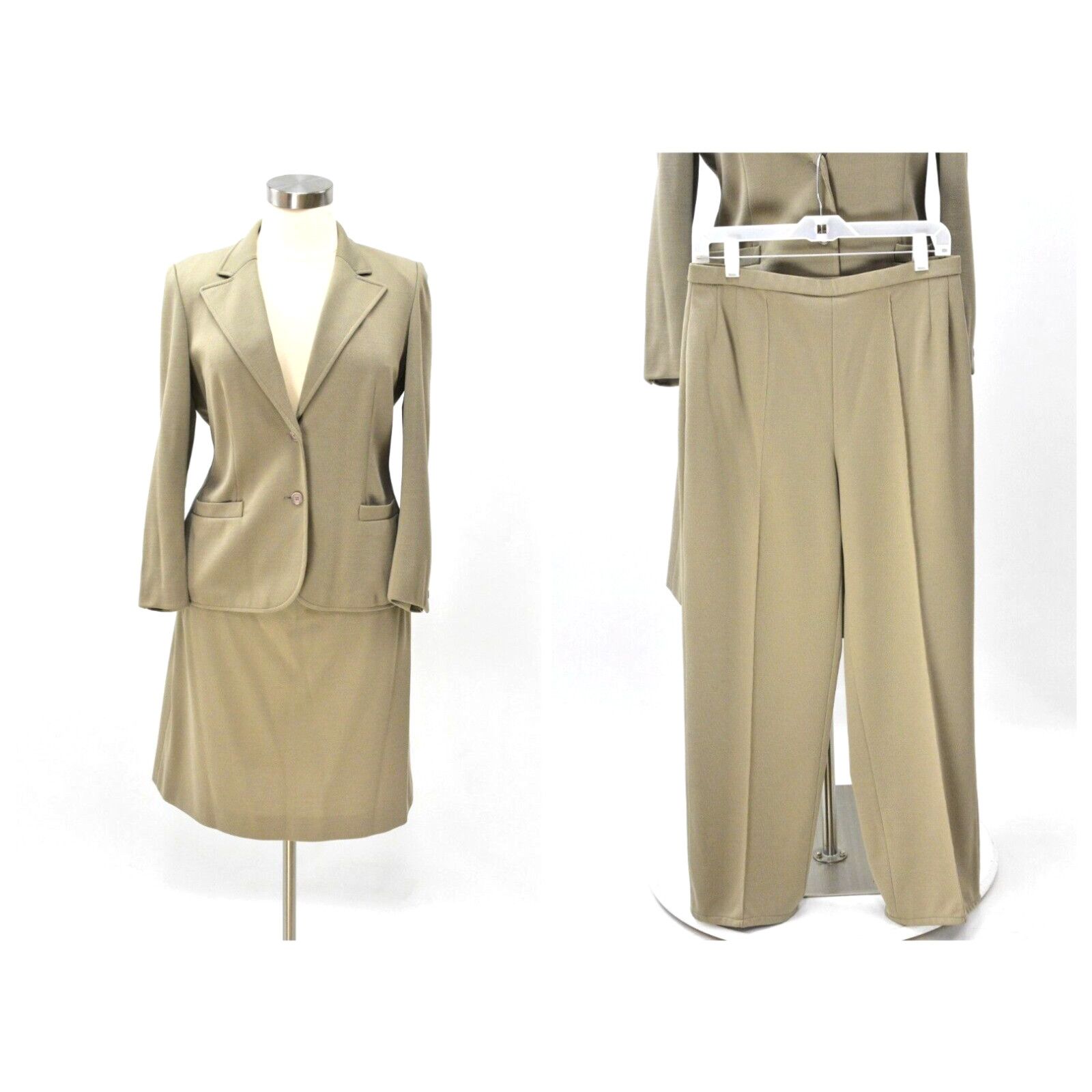 image of 70's Vintage Taupe 3 Piece Outfit Suit Blazer Skirt Pants Womens XL High Waisted in White