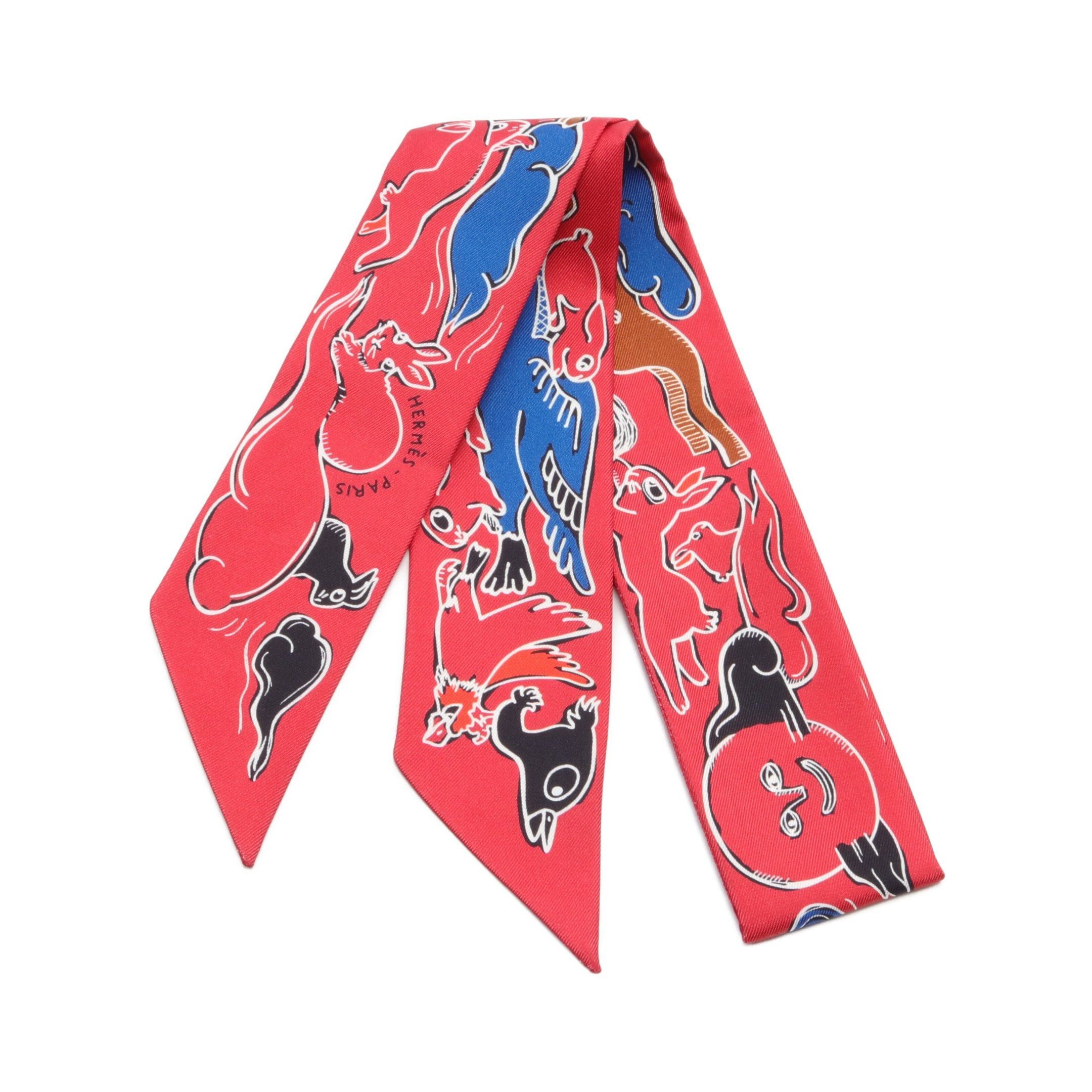 image of Hermes Twilly Mille Et Un Lapins Ribbon Scarf Silk Red Multicolor, Women's
