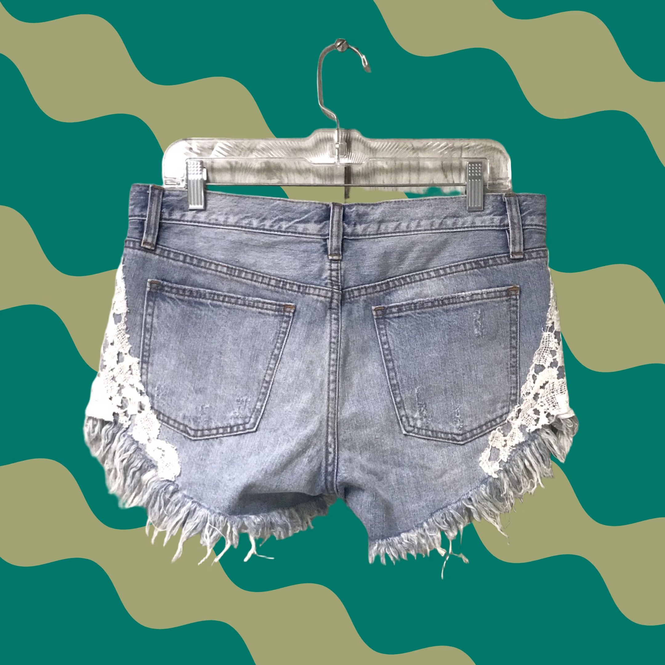 Free People Free People Denim Shorts Blue 28 Regular 4.5 in Inseam Distressed Frayed Hi-Low Lace 5-Pocket Boho Hipster Beach Festival Button Zipper Non N/A Size 28" / US 6 / IT 42 - 1 Thumbnail