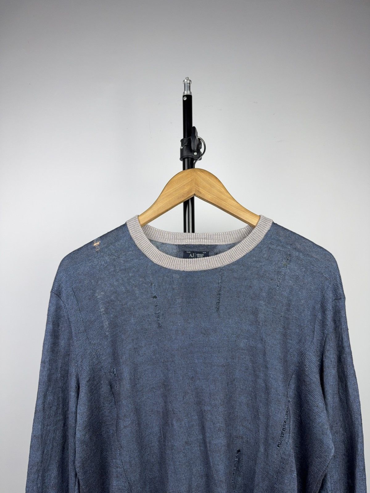 Armani Luxury 00s Armani Jeans Distressed Knit Sweater Faded Blue Size US M / EU 48-50 / 2 - 2 Thumbnail