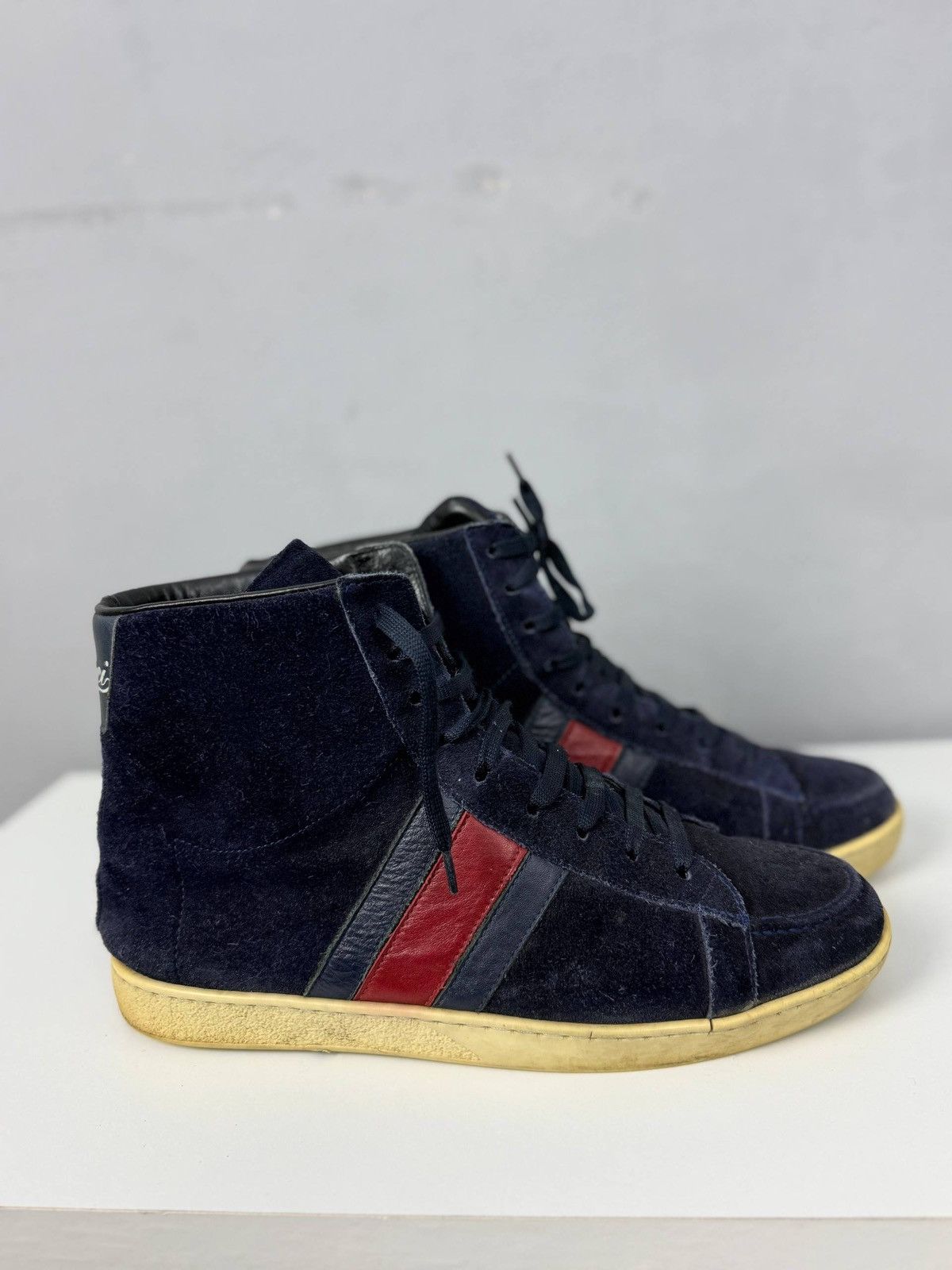 Gucci Gucci Navy Blue Suede Web High Top Sneakers Size US 8 / EU 41 - 5 Thumbnail