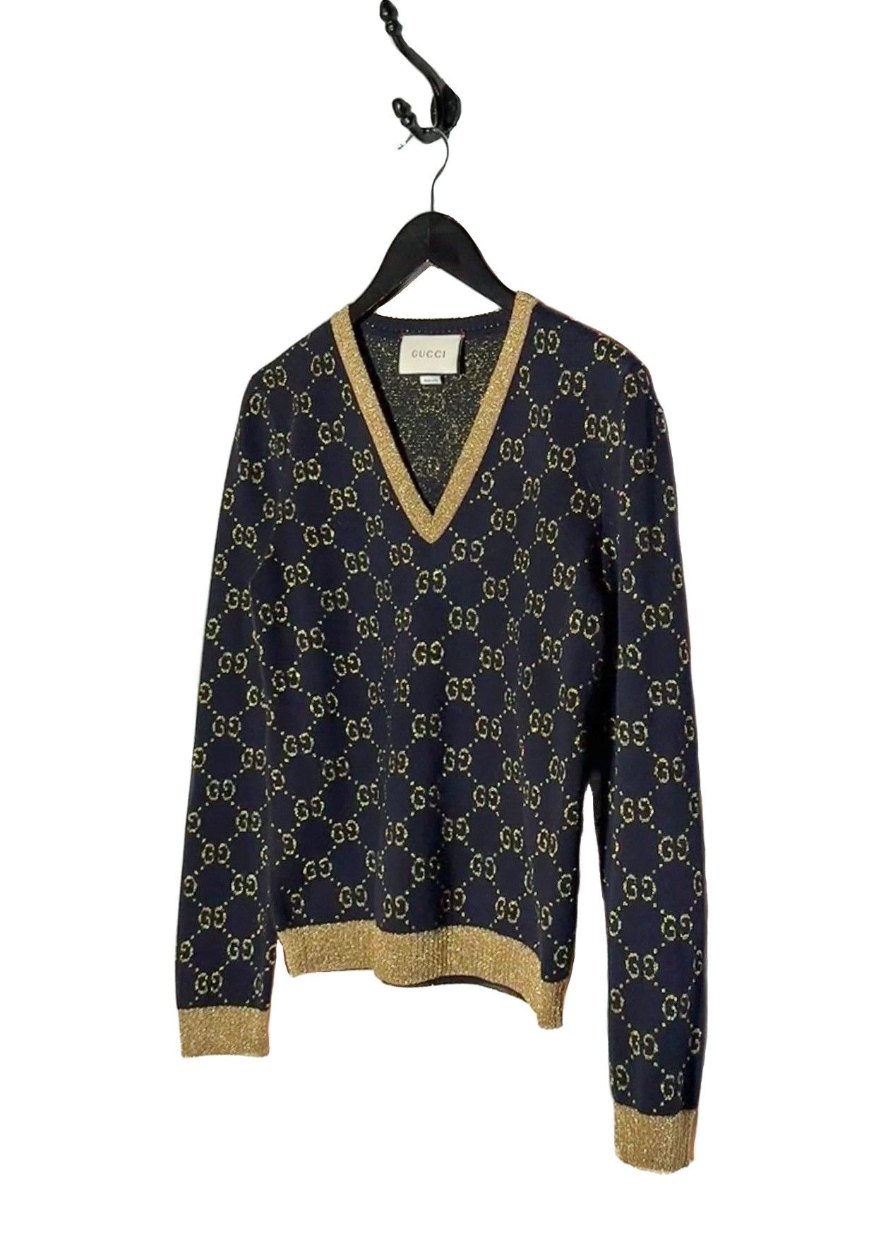 Gucci Gucci Navy Blue Cotton Lamé GG V-neck Sweater Size M / US 6-8 / IT 42-44 - 2 Thumbnail