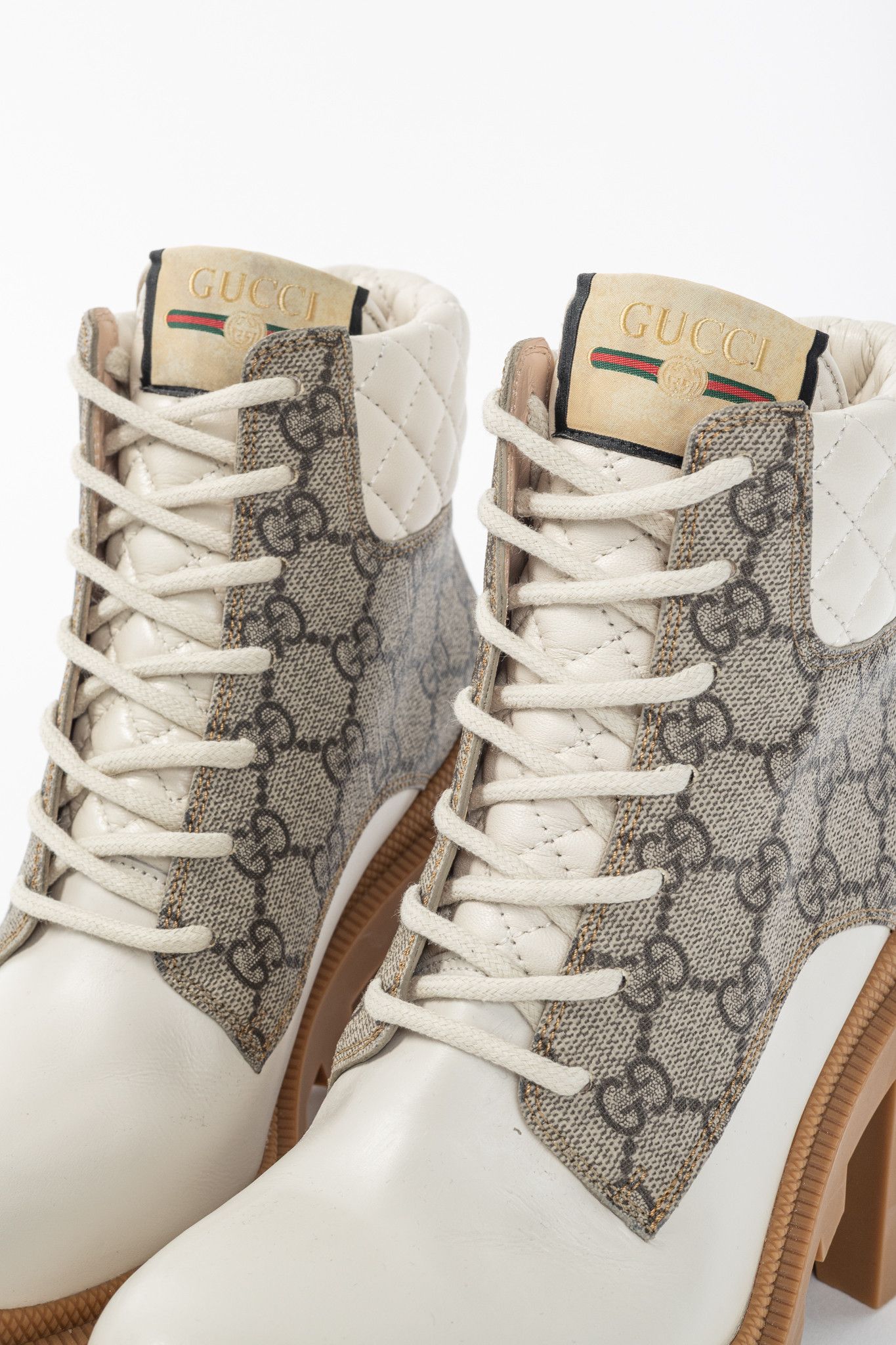 Gucci Gucci Beige & Ebony Canvas & Leather Lace-Up GG Ankle Boots Size US 6.5 / IT 36.5 - 8 Thumbnail