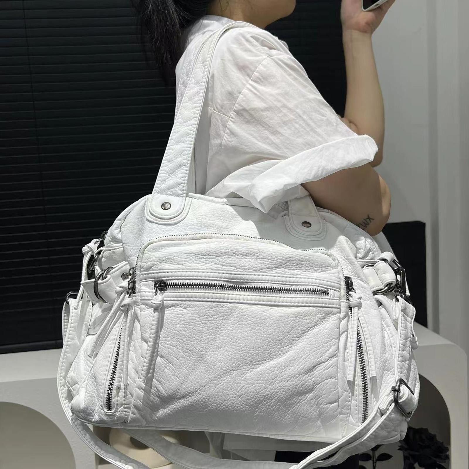 Vintage White Large Quilted Shoulder Bag with Multiple Zippers Size ONE SIZE - 2 Thumbnail
