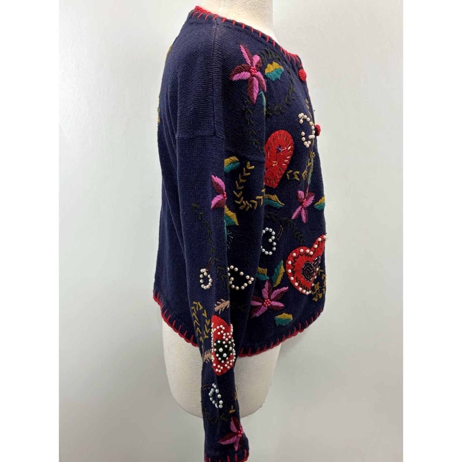 Vintage VINTAGE Segue Cardigan Shirt Women L Blue Hearts Beaded Embroidered Knit Cotton Ramie 90s Valentines Day Size L / US 10 / IT 46 - 4 Thumbnail
