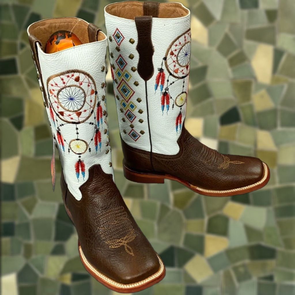 Vintage Ferrini Boots Women's Size 9.5 White Brown Dream Catcher Cowgirl Studded Leather Size US 9.5 / IT 39.5 - 1 Thumbnail