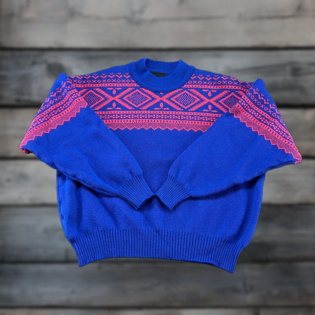 Vintage VINTAGE Demetre Sweater Womens L Blue Pink Mock Neck Wool Diamond Aztec Pullover Size L / US 10 / IT 46 - 1 Thumbnail