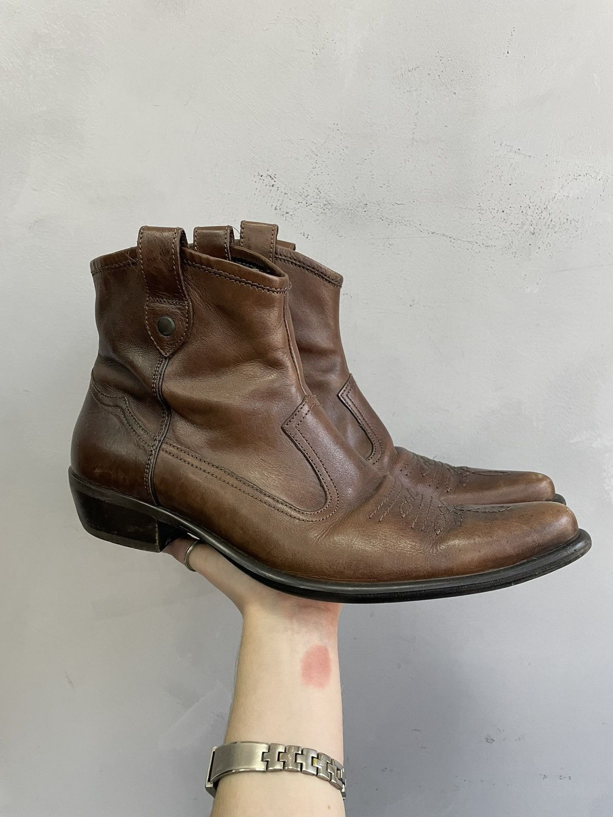 Hedi Slimane Western guidi style Brown Leather Boots y2k Classic retro Size US 10 / EU 43 - 2 Thumbnail