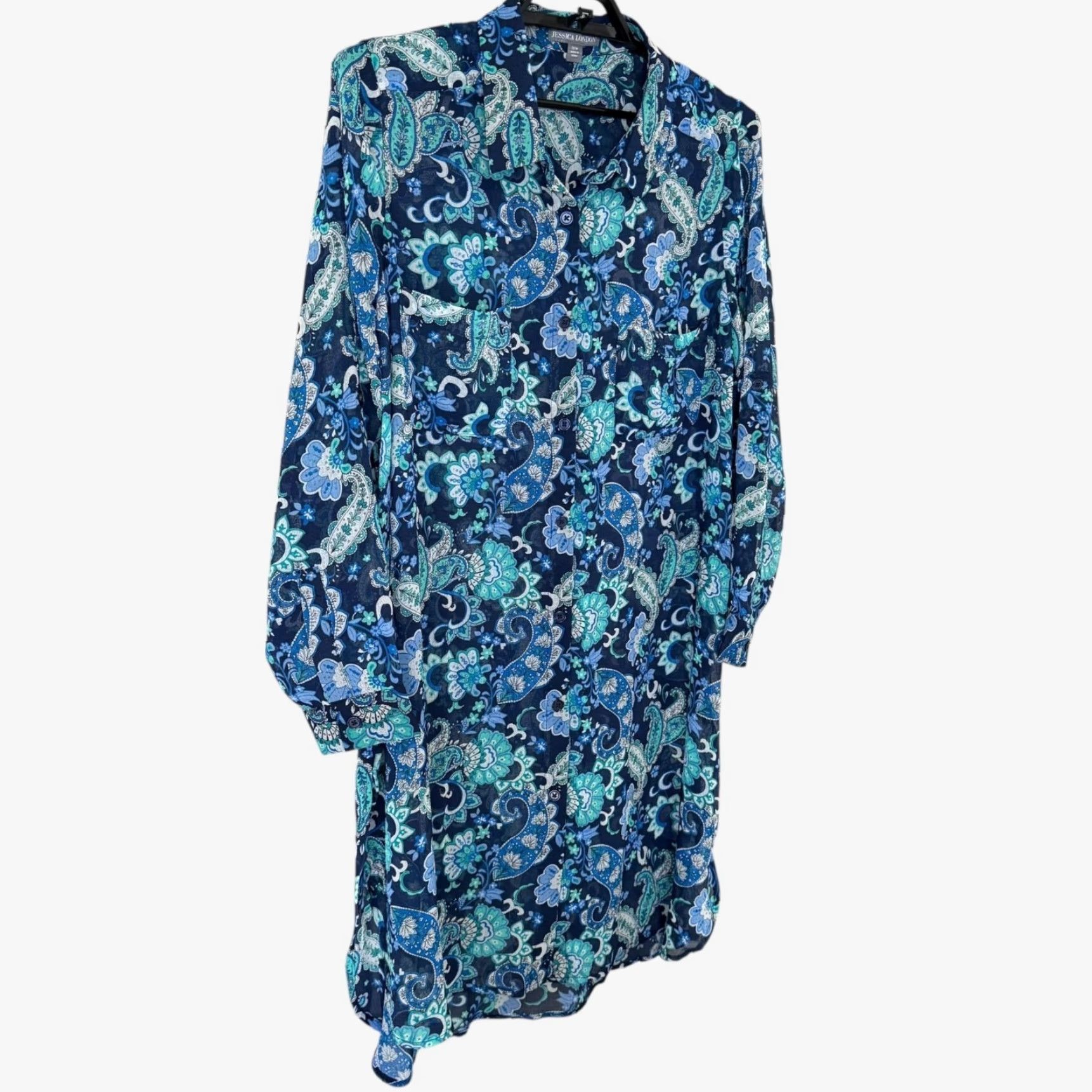 Vintage Jessica London Sheer Crinkle Button-Up Tunic Shirt Blue Floral Women's Size 20 Size 3XL / US 20-22 - 3 Thumbnail