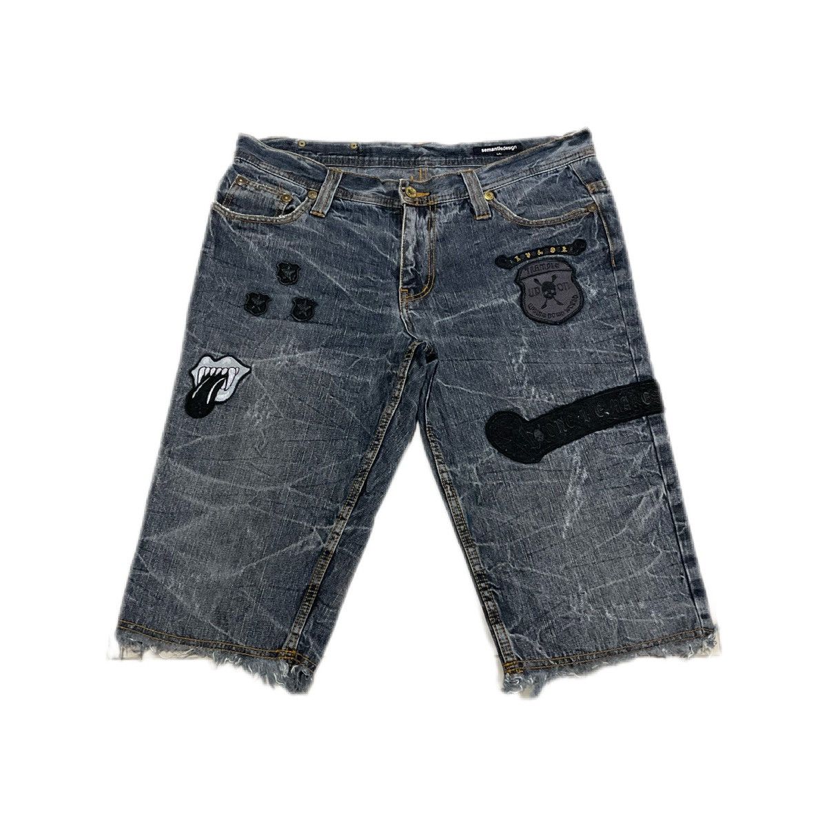 🔥Sick Y2K Semantic Design Punk Patch Denim Shorts Faded CH