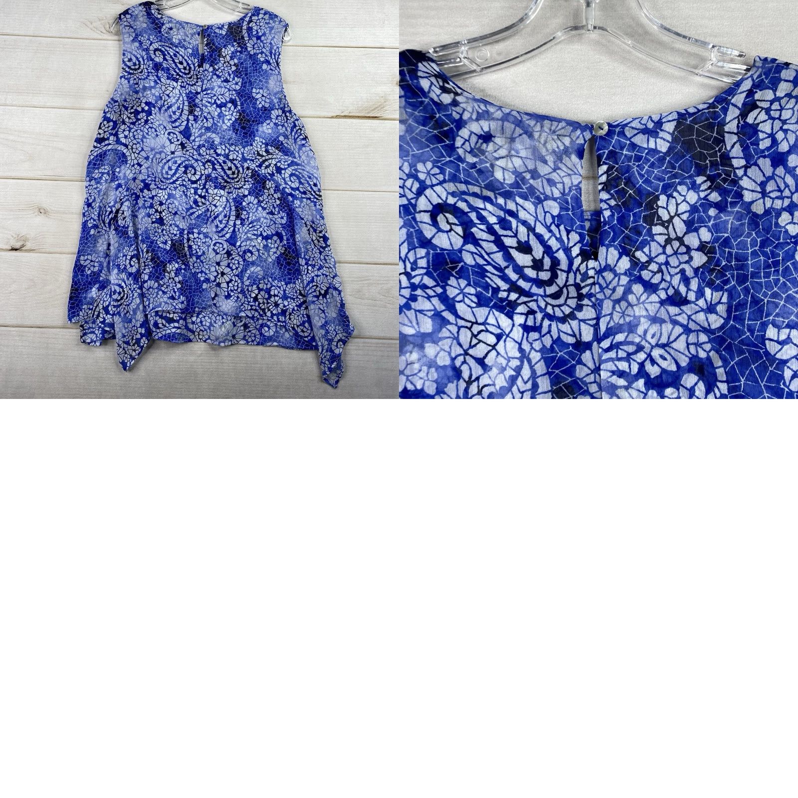 Vintage Fever Clothing Co Blouse Women's XL Sleeveless Floral Paisley Blue Geometric Chiffon Keyhole Neck Tunic Casual Caprice Style - 90s? Size XL / US 12-14 / IT 48-50 - 8 Thumbnail