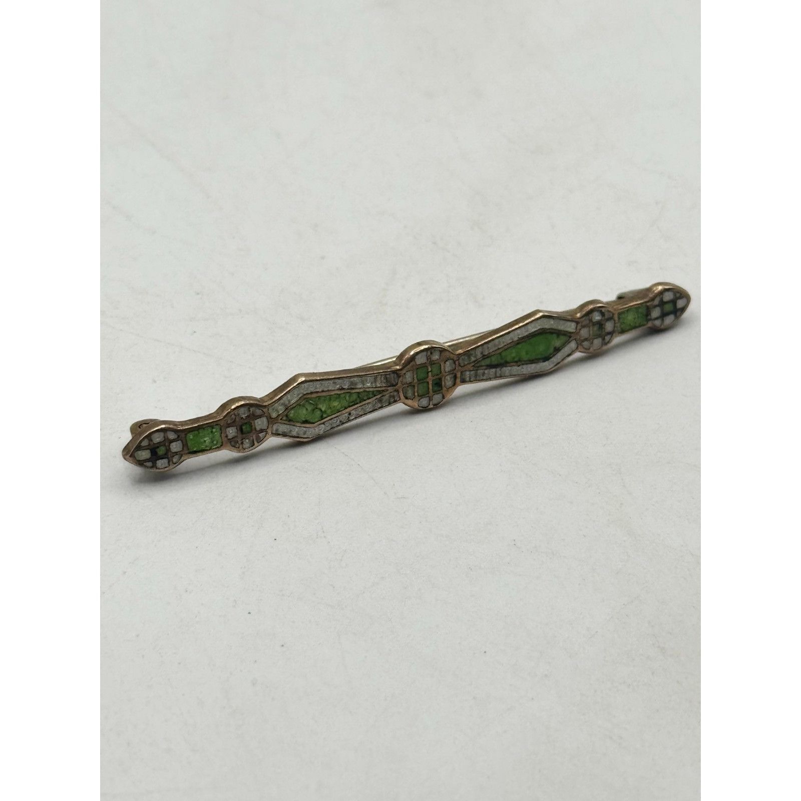 Vintage Antique green guilloche enamel bar pin Size ONE SIZE - 3 Thumbnail