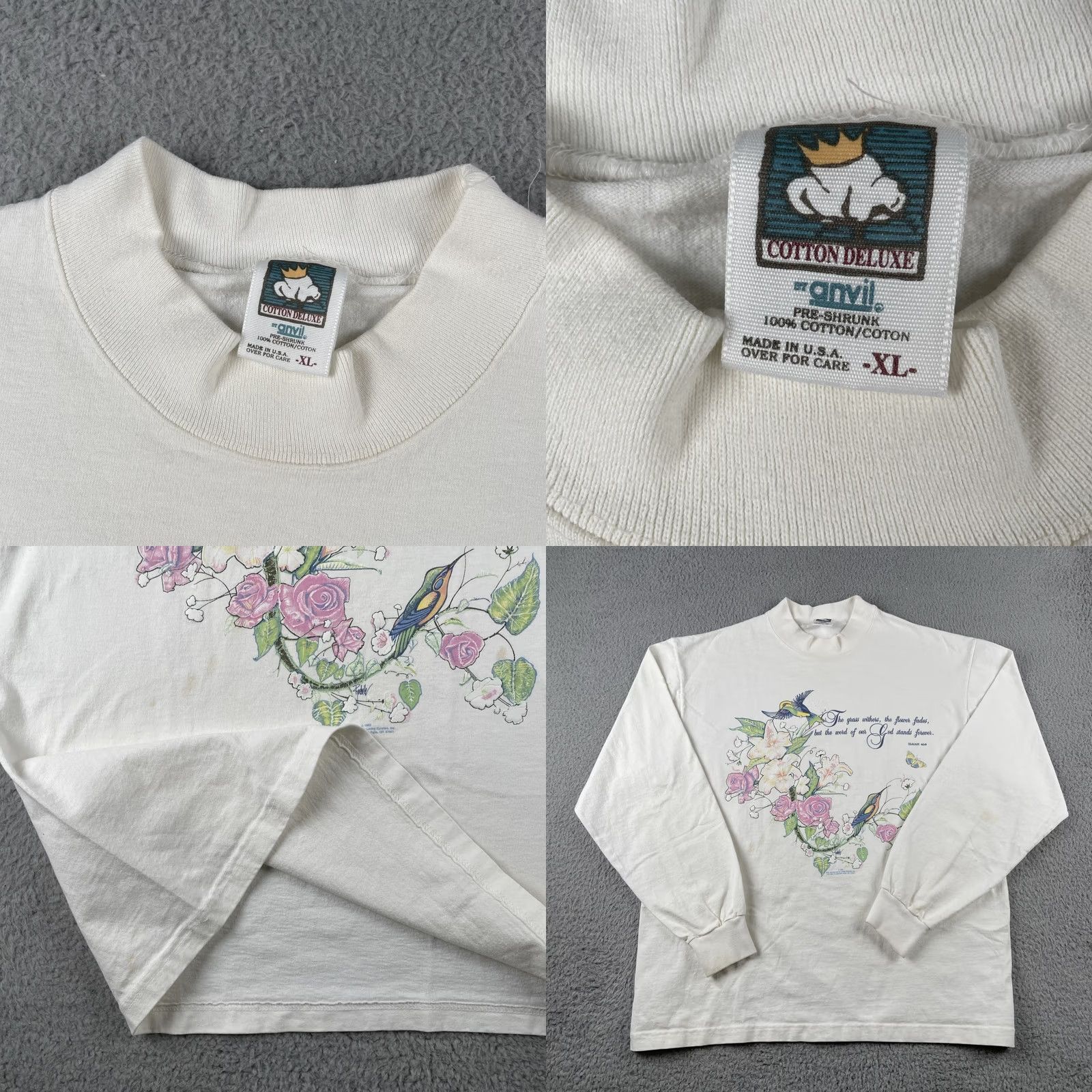 Anvil VINTAGE Anvil Shirt Long Sleeve XL White Floral Hummingbird 90s 80s Jesus Bible Isaiah 40:8 Mens Size US XL / EU 56 / 4 - 8 Thumbnail