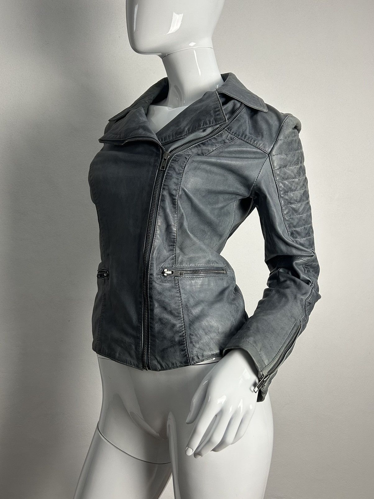 Image of Avant Garde x Moto Vintage Avant-Garde Distressed Asymmetric Leather Jacket in Grey, Women's (Size 